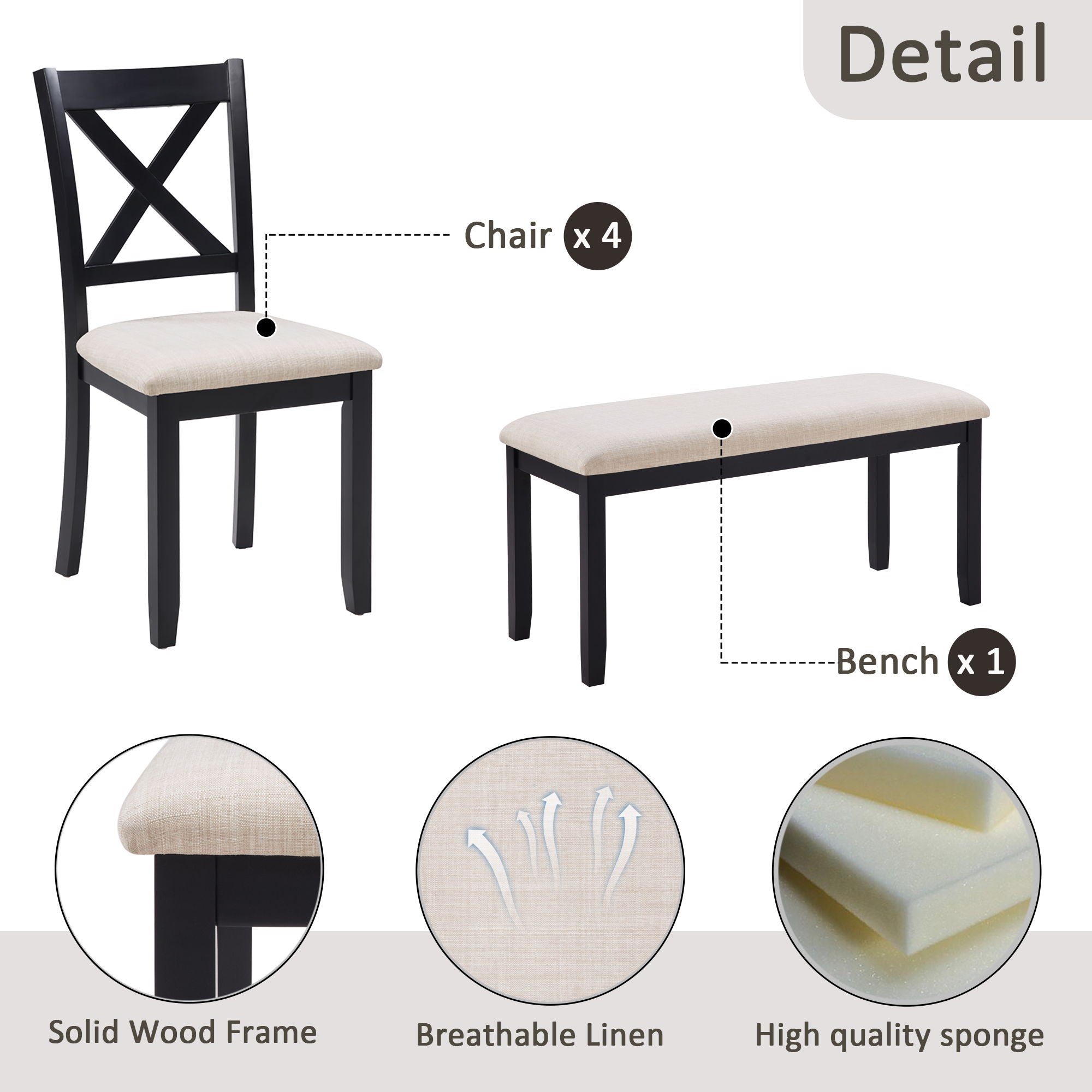 6 Piece Dining Table Set With Bench - Beige / Black / Oak