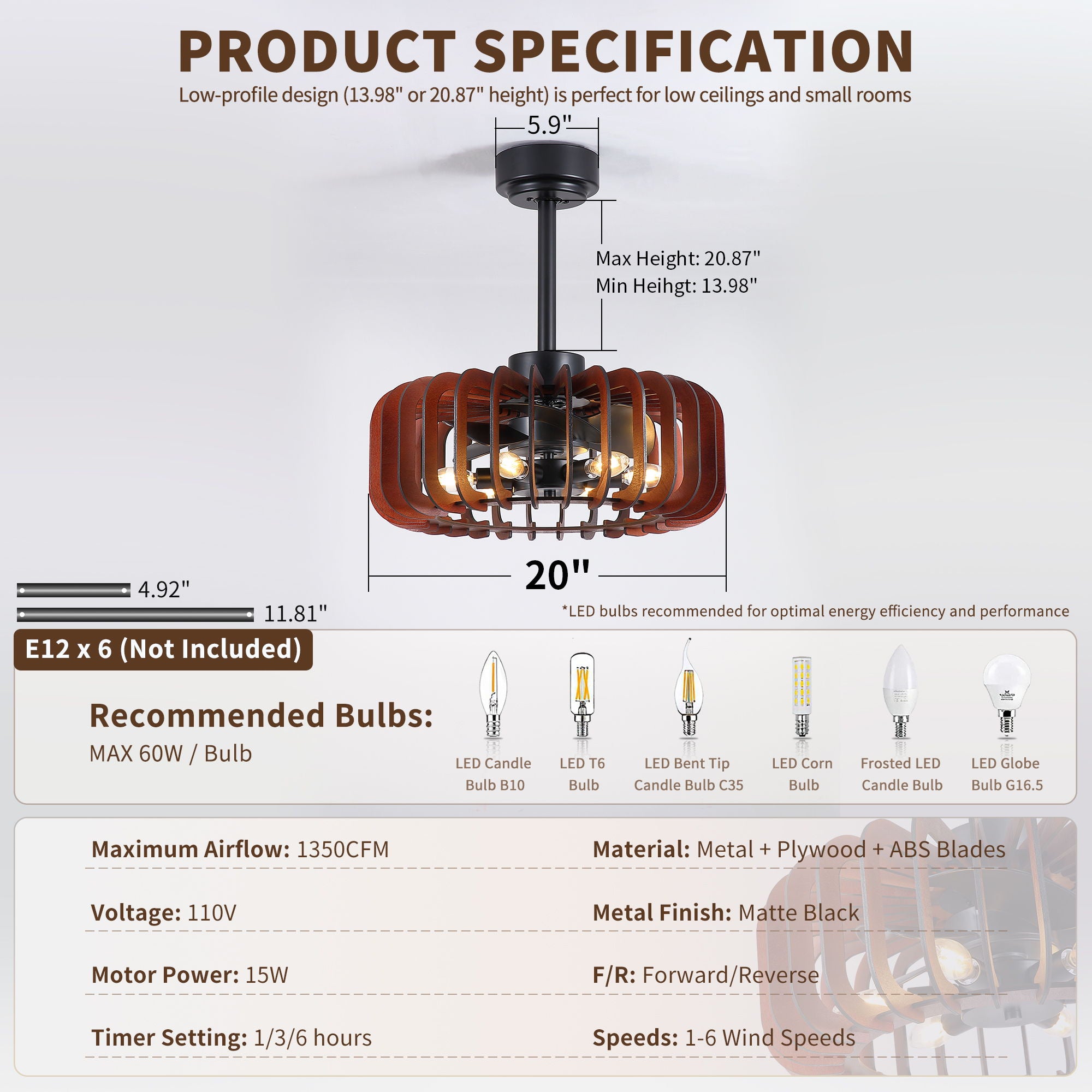 Ceiling Fan, Fandelier With 6 E12 Sockets, Reversible DC Motor, 6 Speeds, Remote Control, Adjustable Hanging - Black / Brown