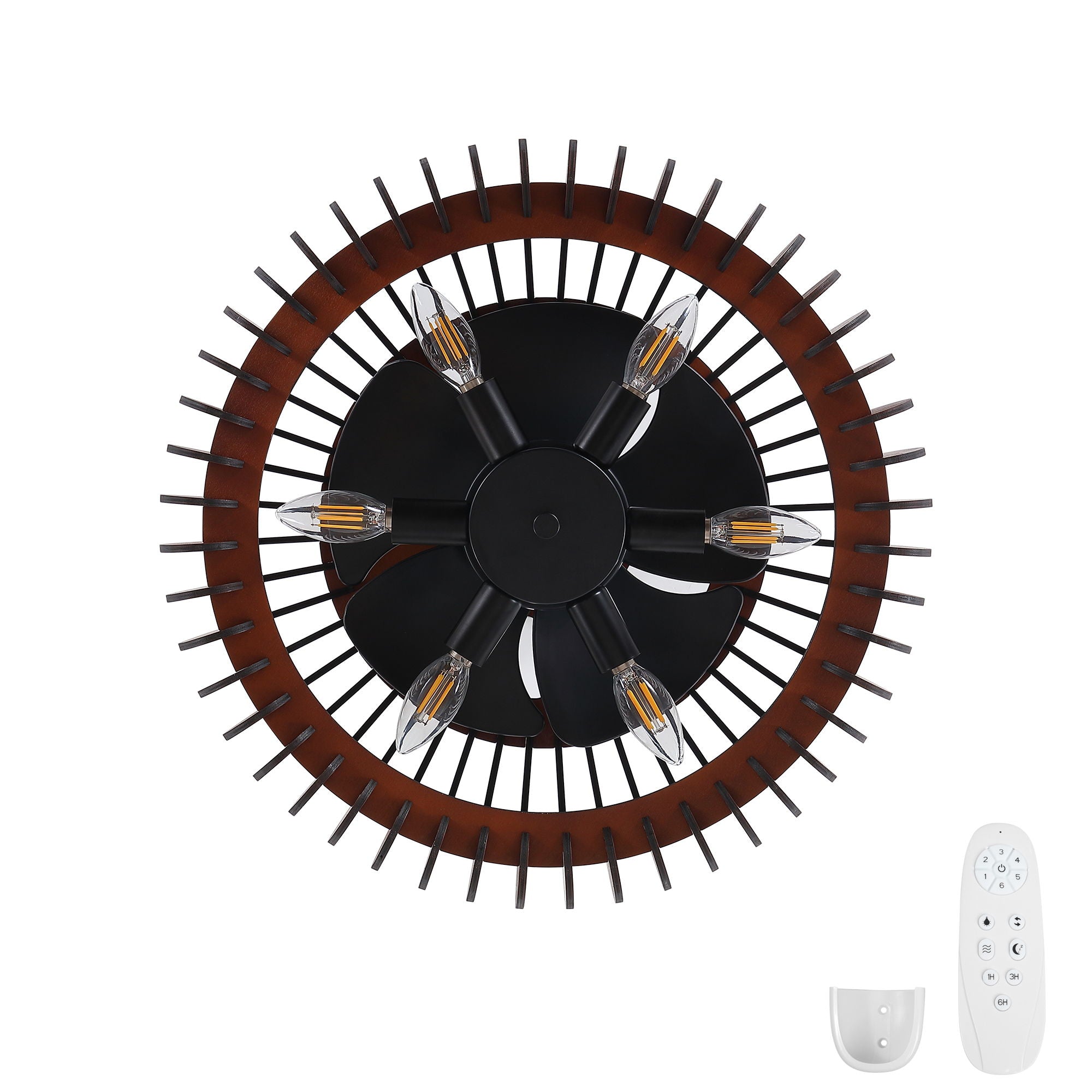 Pumpkin Ceiling Fan, Fandelier With 6 E12 Sockets, Reversible DC Motor, Adjustable Hanging, 6 Speeds Remote Control - Black