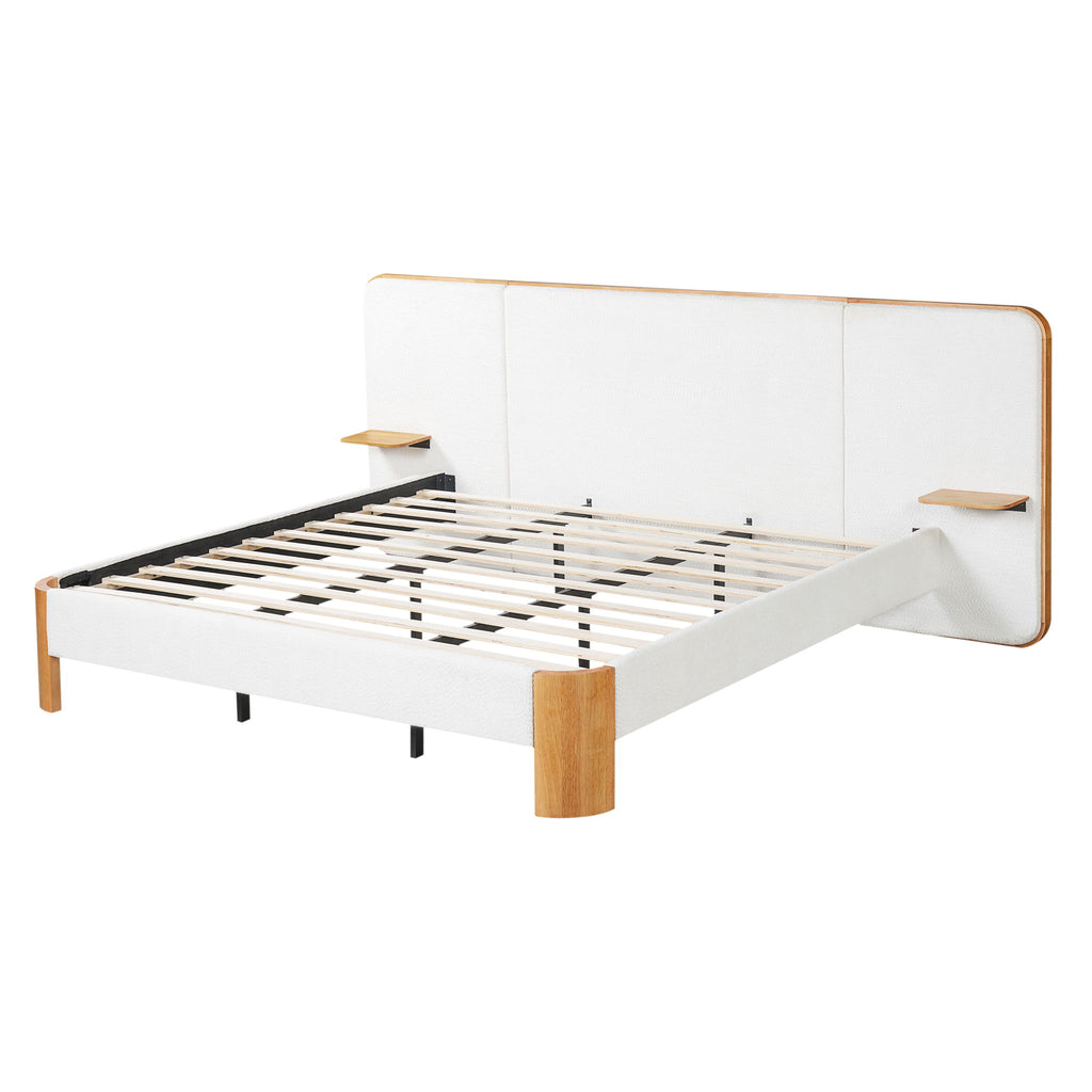 Upholstered Platform Bed Frame With Curved Headboard, Built-In Floating Shelves