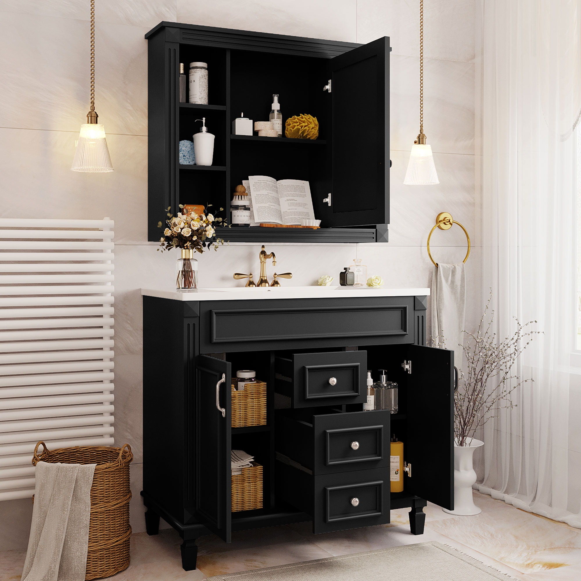 Bathroom Vanity With Top Sink, Mirror Cabinet, 2 Soft Closing Doors & 2 Drawers