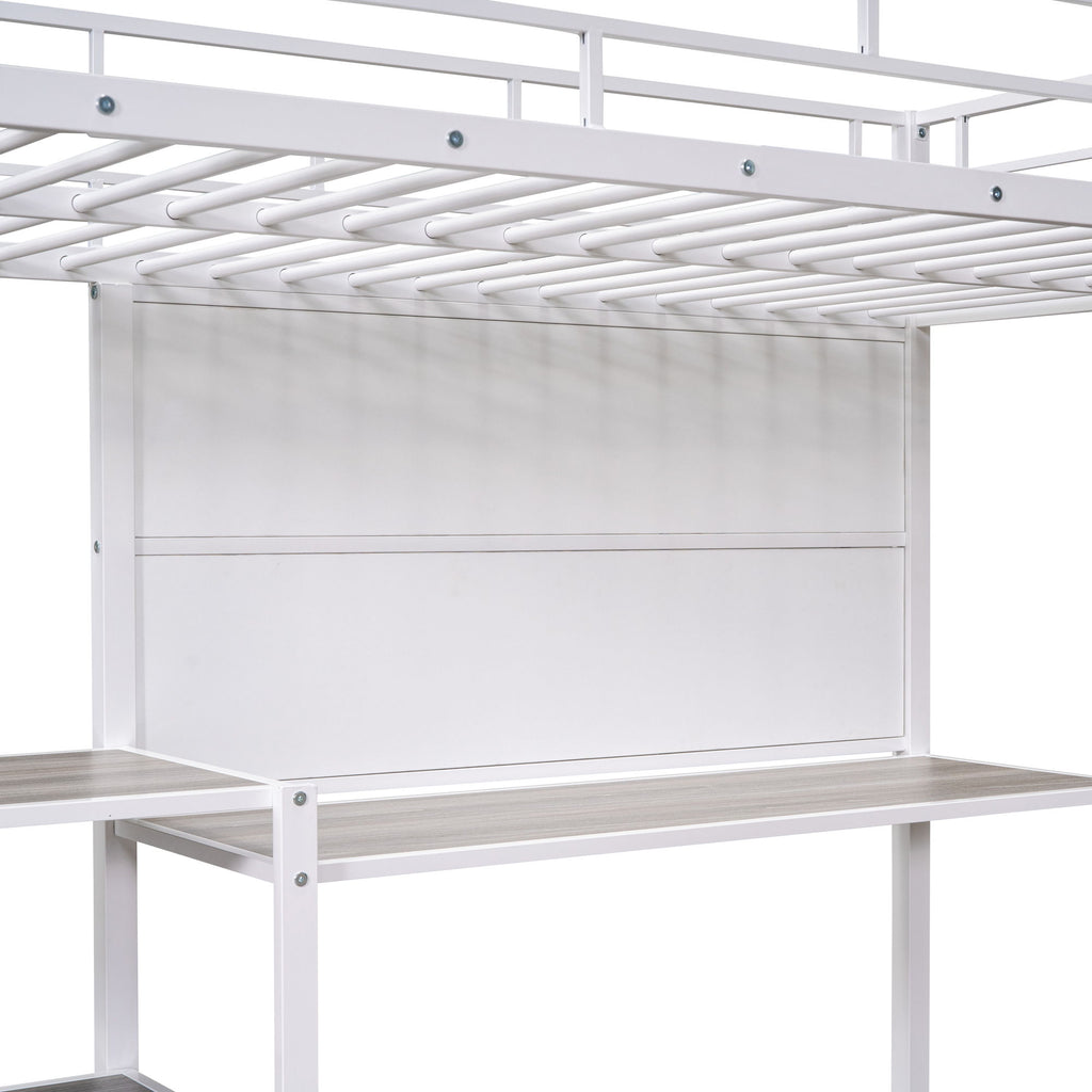 Metal Loft Bed With Desk, 3 Shelves And Ladder