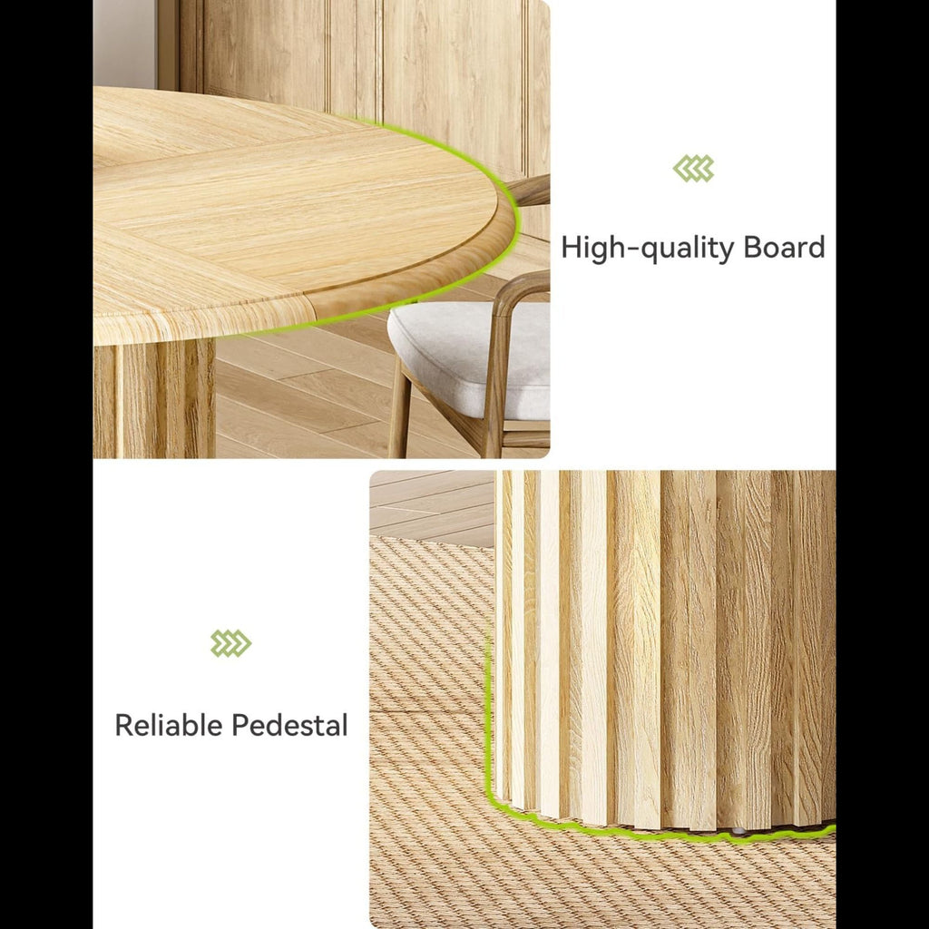 Round Dining Table With Fluted Pedestal Base, Circle Kitchen & Dinner Table - Natural Wood