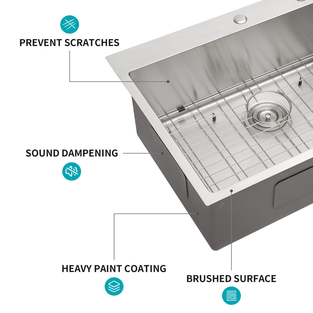 Drop In Kitchen Sink, 16 Gauge Stainless Steel, Single Bowl, Topmount Basin
