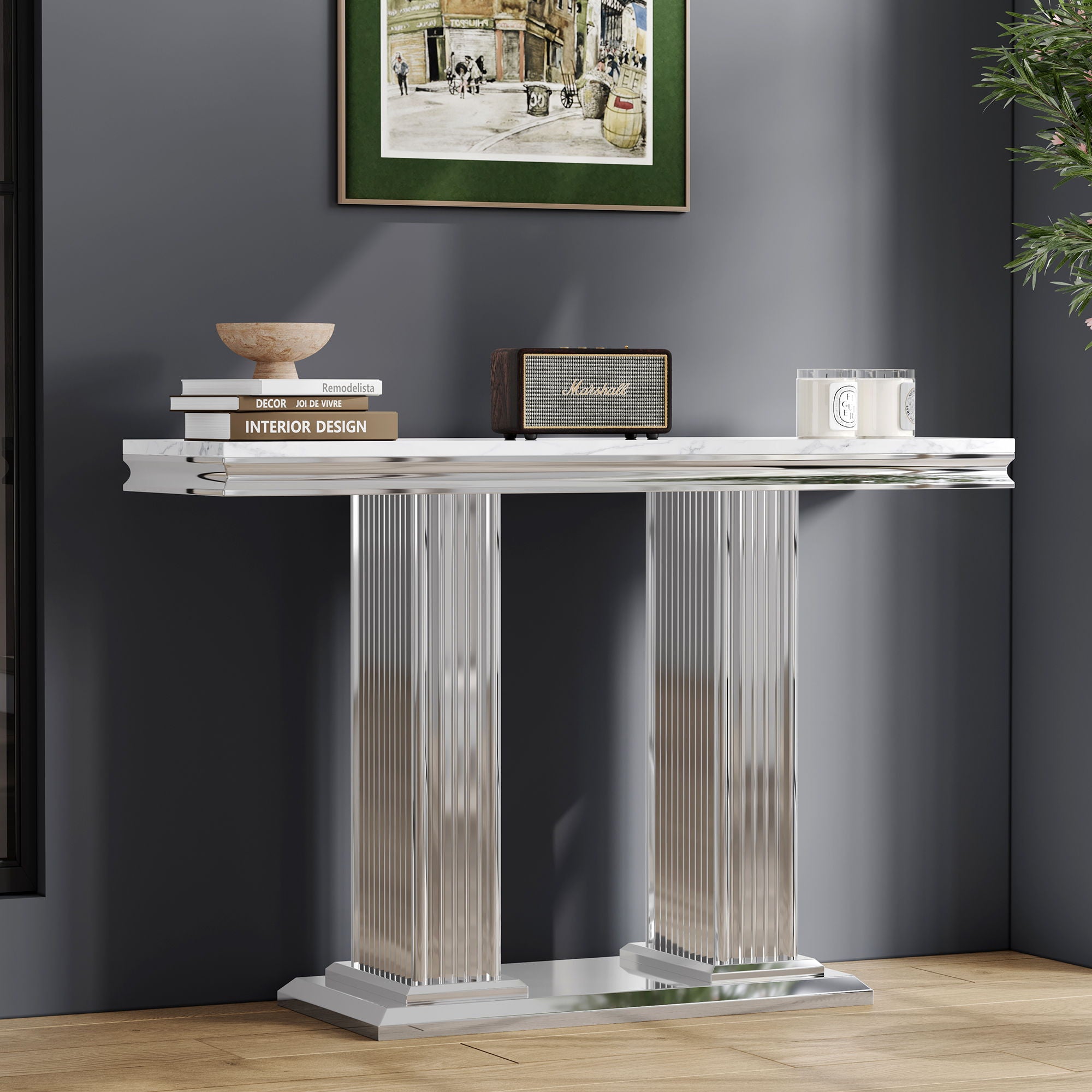 Printed Top Rectangular Console Table, Base With Mirrored Finish
