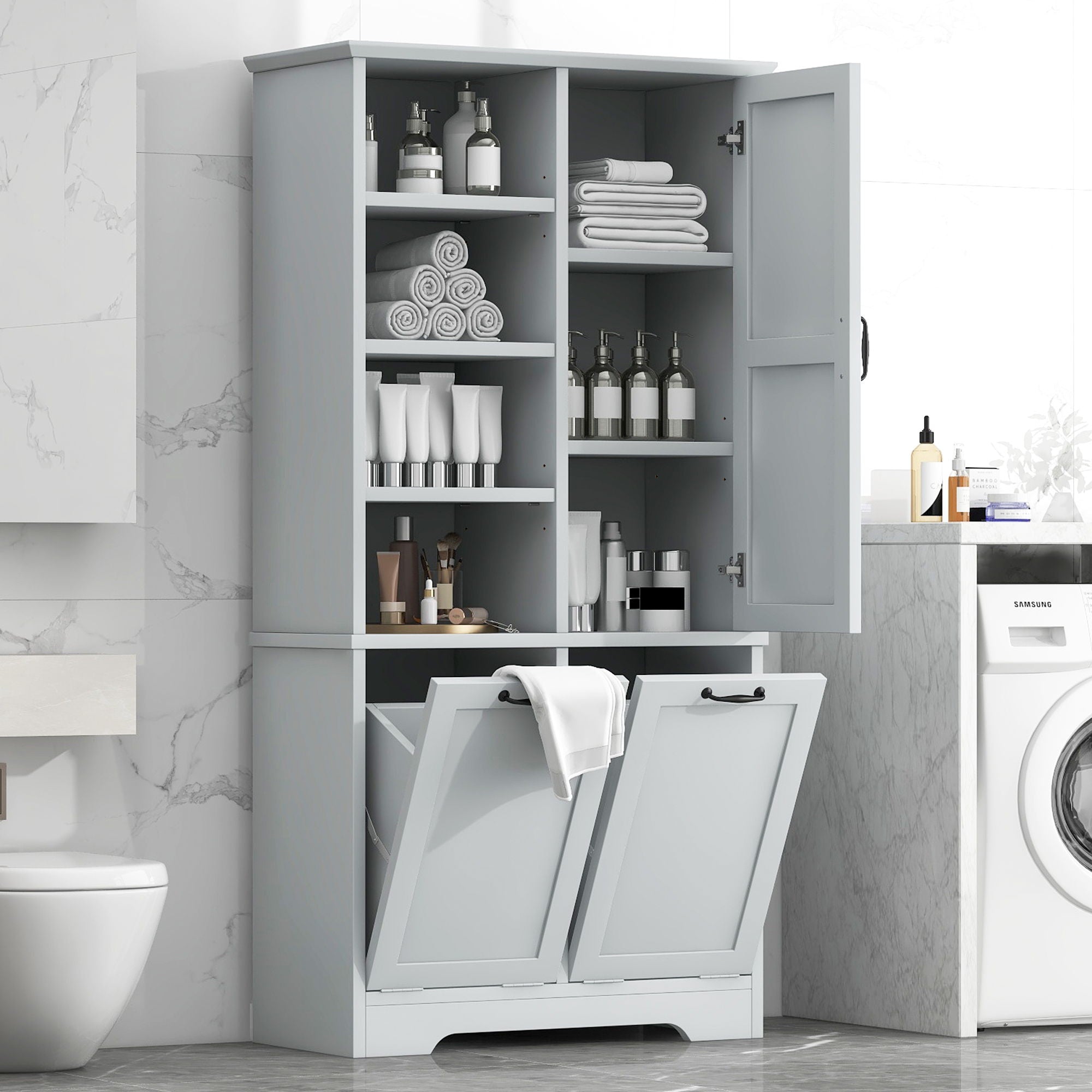 Freestanding Bathroom Storage Cabinet With Doors And Drawers, Adjustable Shelves, Tilt-Out Laundry Hamper