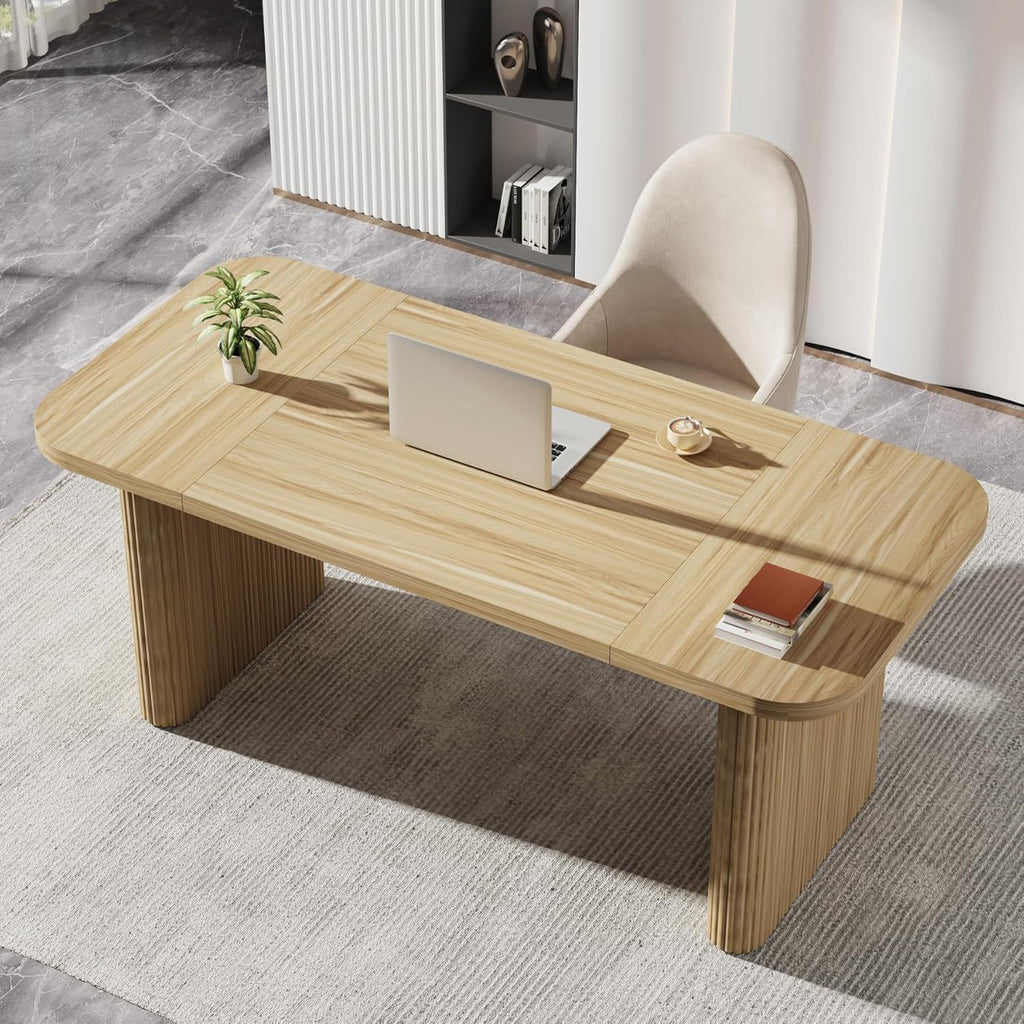 Executive Desk, Large Home Office Computer Workstation With Sturdy Double Pedestal Base, Simple Rectangular Writing & Study Table - Natural Wood
