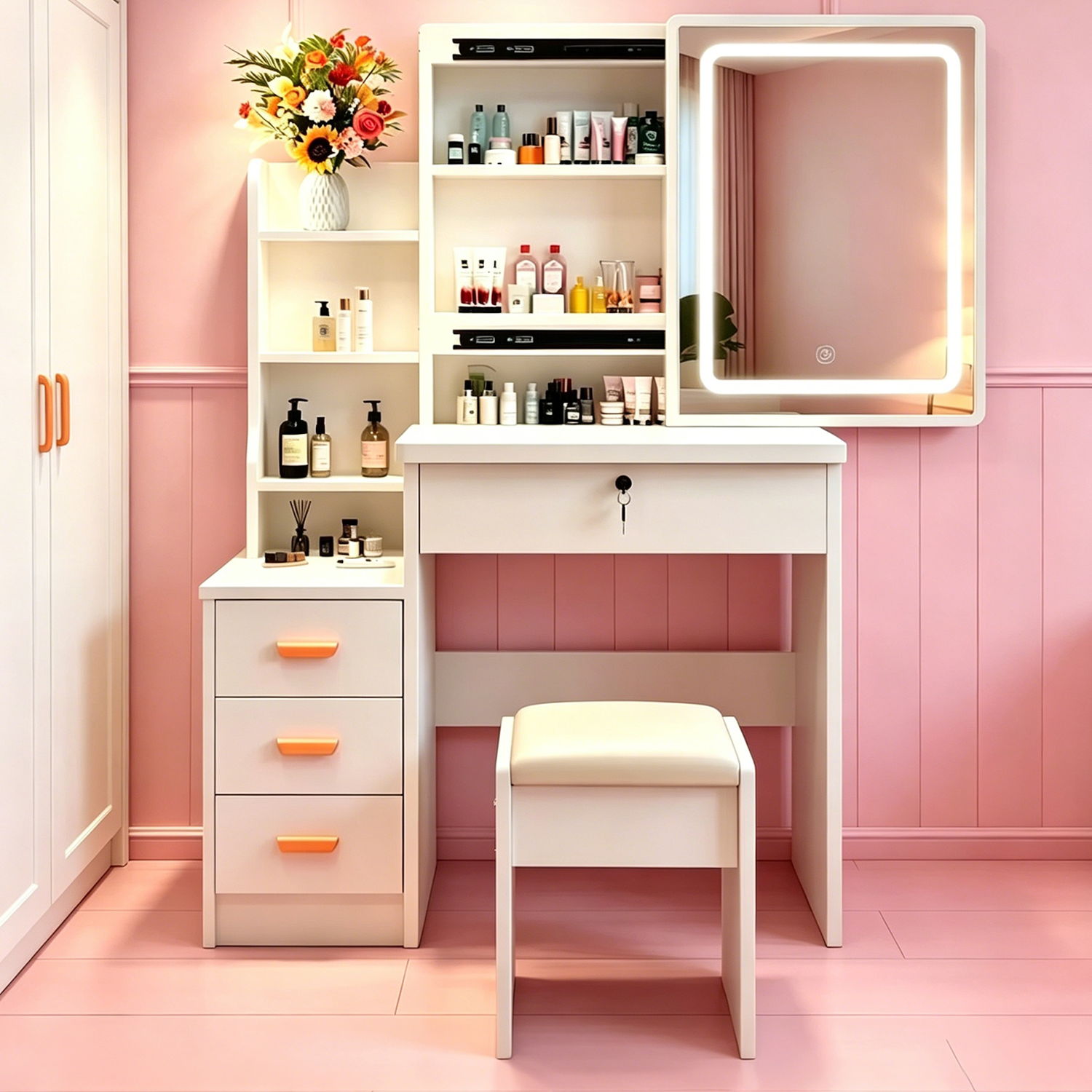 Vanity Set With LED Mirror, Storage Dressing Table & Cushioned Stool - Cream White