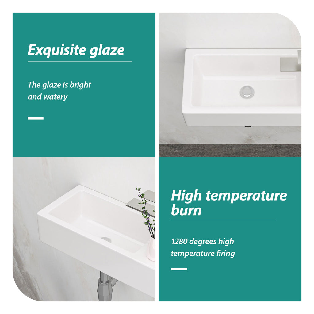 Modern Ceramic Rectangle Wall Mount Bathroom Sink With Single Faucet Hole - White