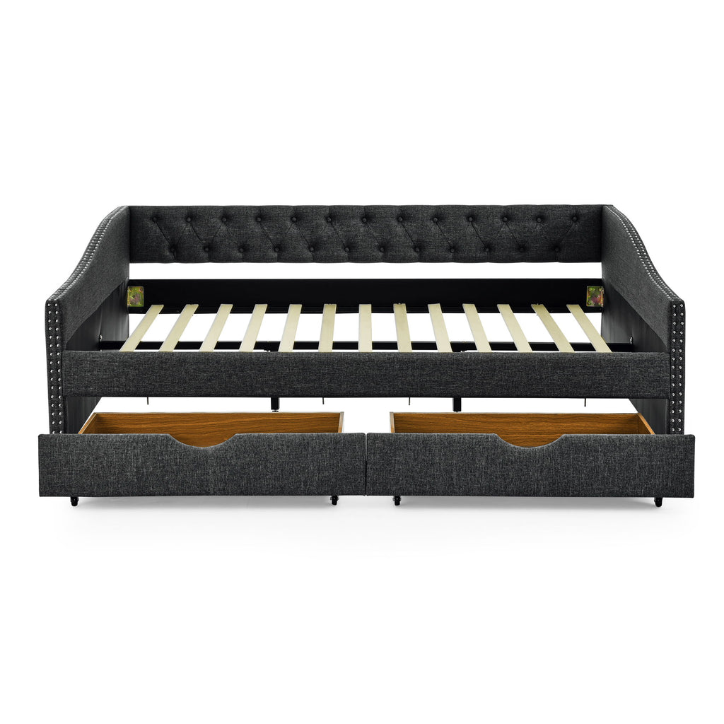 Upholstered Tufted Daybed With 2 Drawers, Waved Arms