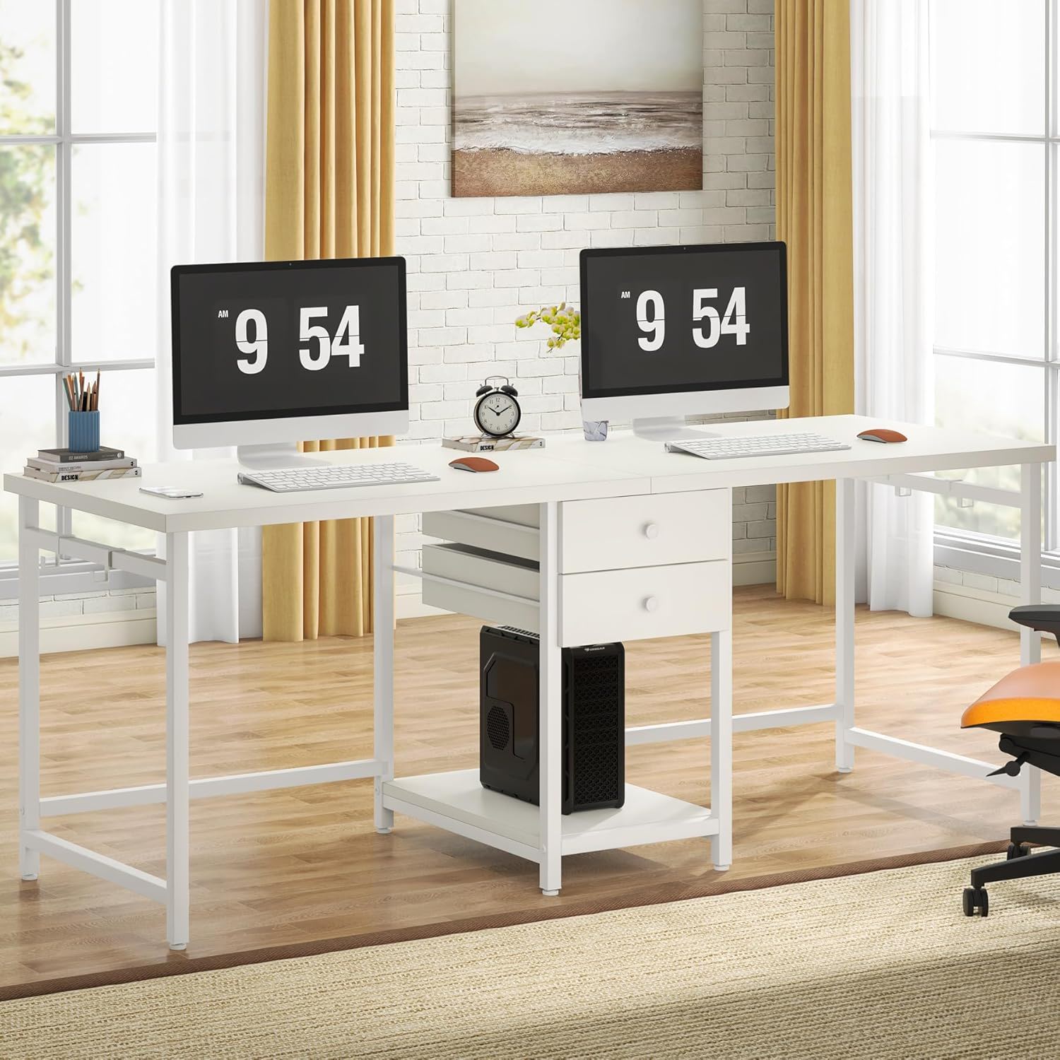2 Person Computer Desk With Drawers And Shelves, Extra Long Double Workstation