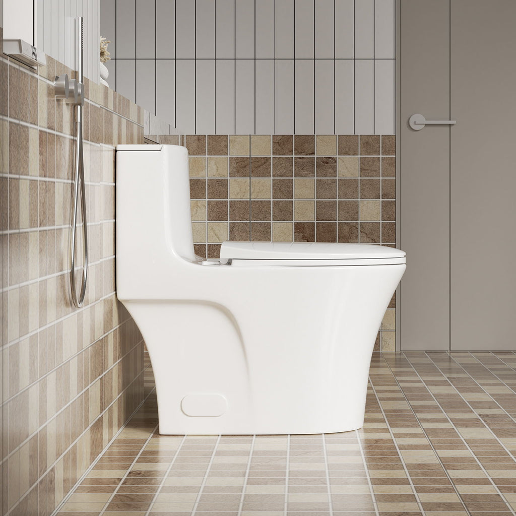 Elegant One Piece Toilet With Tornado Dual Flush, Siphonic S Trap 12", Soft Close Seat, Dual Flush, Ada Height, Glossy - Gloss White