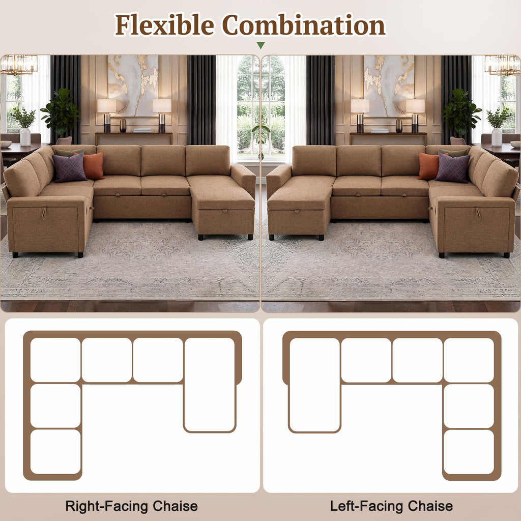 U - Shaped Convertible Sectional Sofa Bed With Storage, USB Charger & Cup Holders