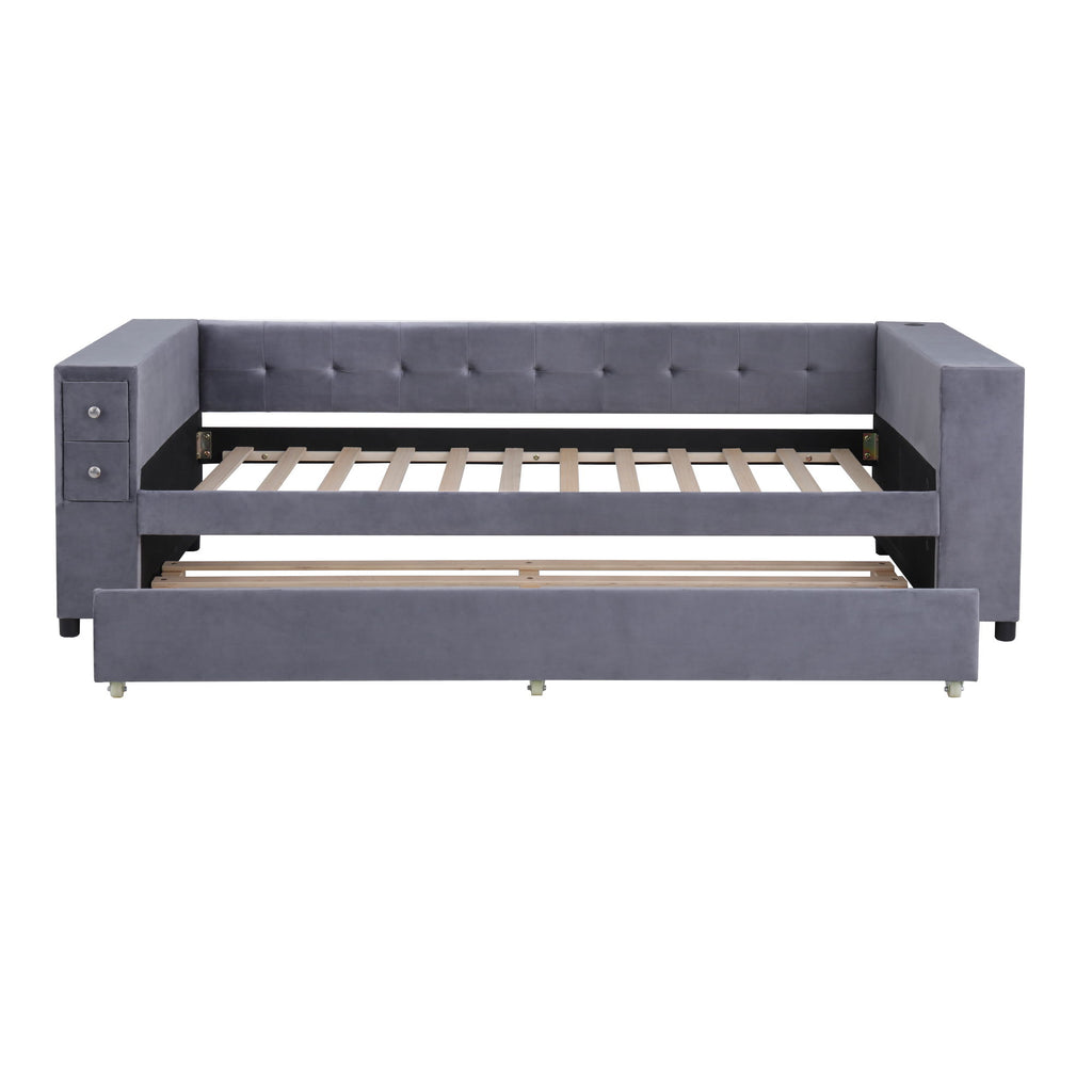 Upholstered Bed With Storage And Twin Trundle, USB Charging Ports