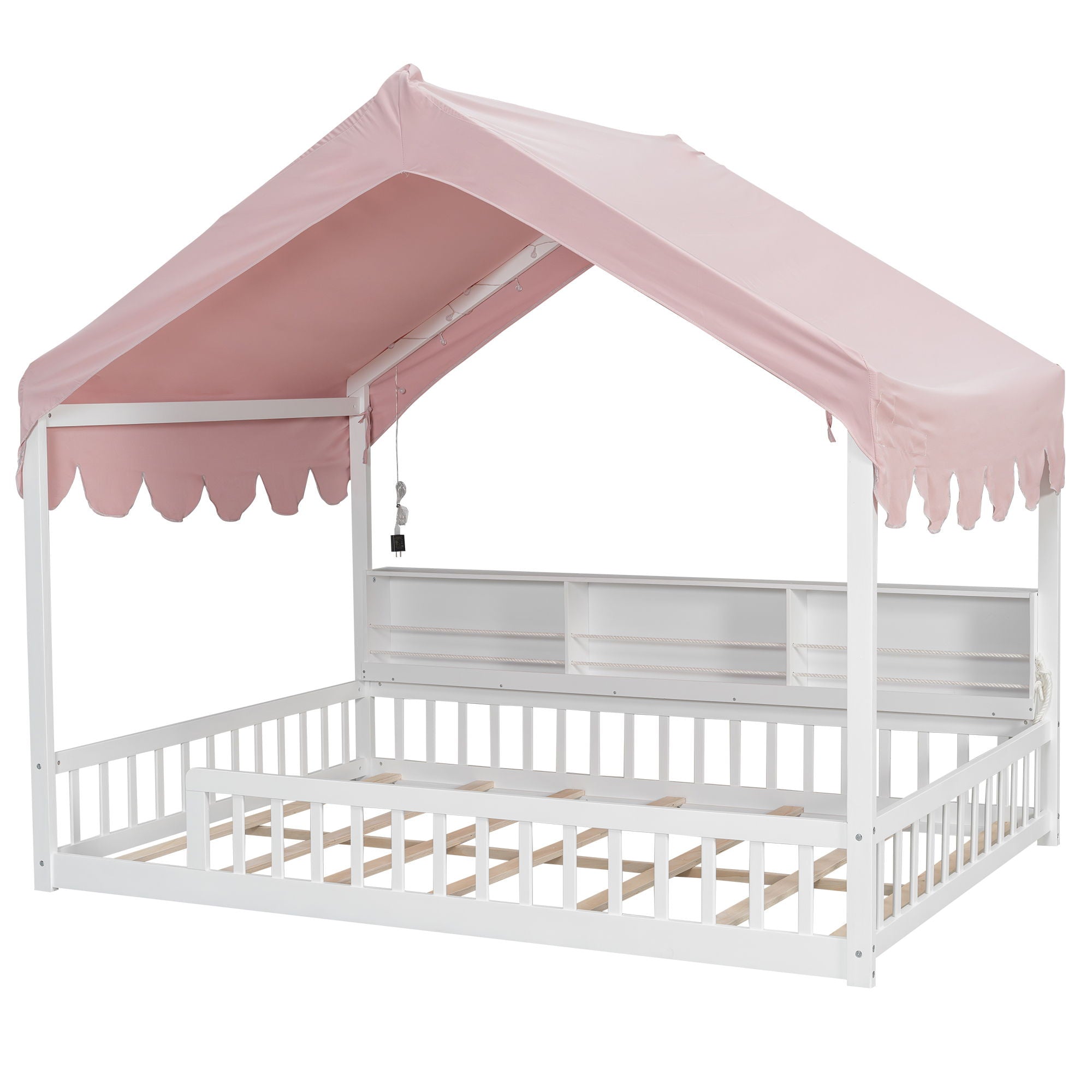 House Shaped Floor Bed With Fense, 3 Storage Bookshelves, Curtain And LED Light