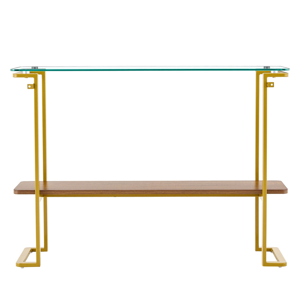Console Table With Shelf, 2 Tier Living Room - Gold / Walnut