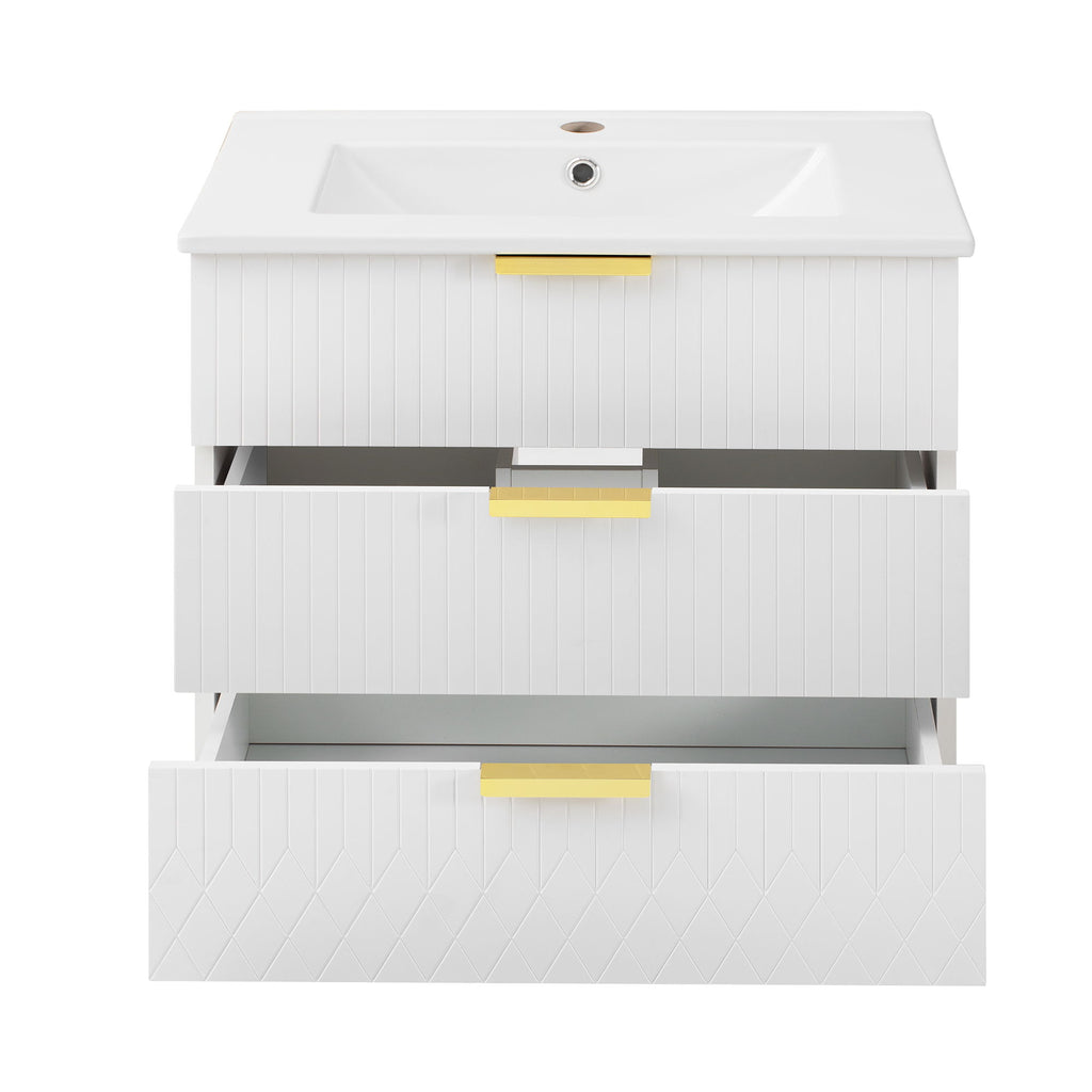 Wall Mounted Floating Cabinet With Double Drawer, Rectangular Sink