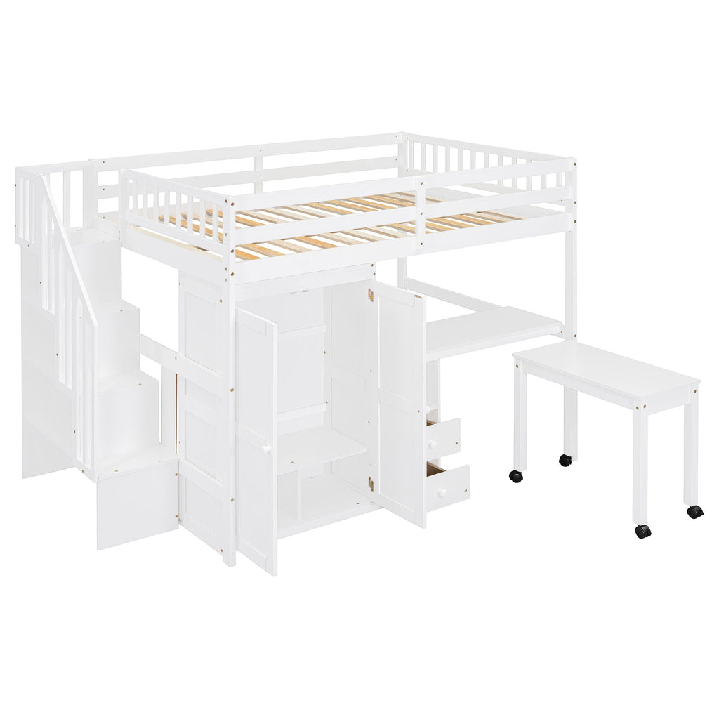 Loft Bed With Stairs, Bookshelf, Drawers, Desk & Wardrobe, Space Saving Multifunctional Furniture