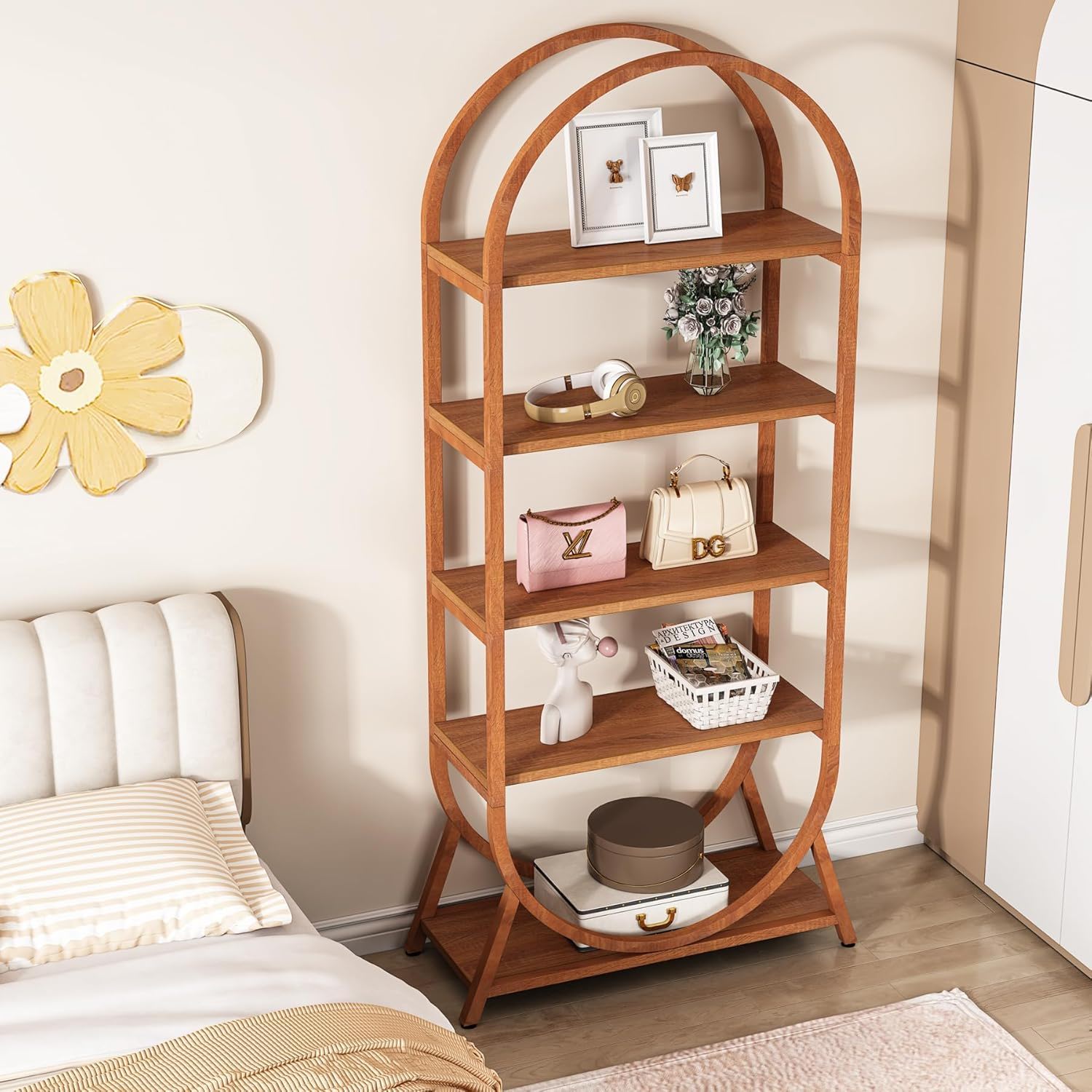 Arched 5 Tier Open Bookshelf For Office - Brown