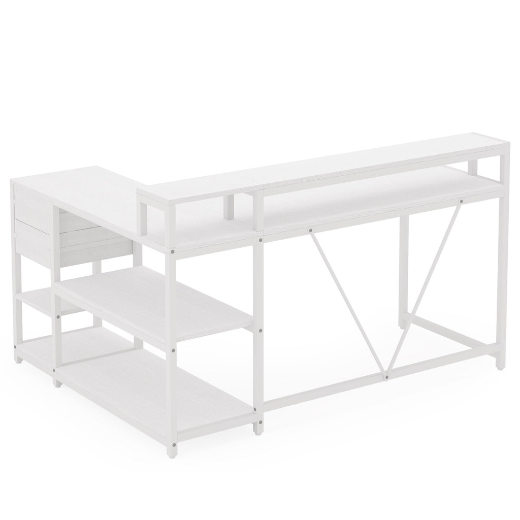 L-Shaped Home Office Desk With Monitor Riser, Drawers, And Storage Shelves