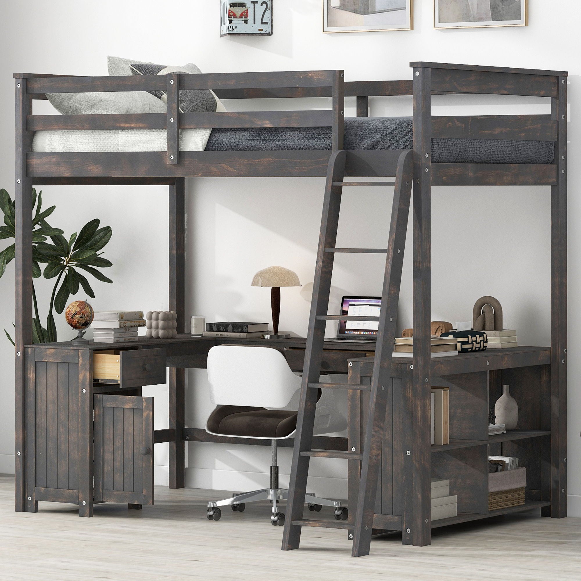 Loft Bed With U Shaped Desk, Drawers, And Storage Shelves