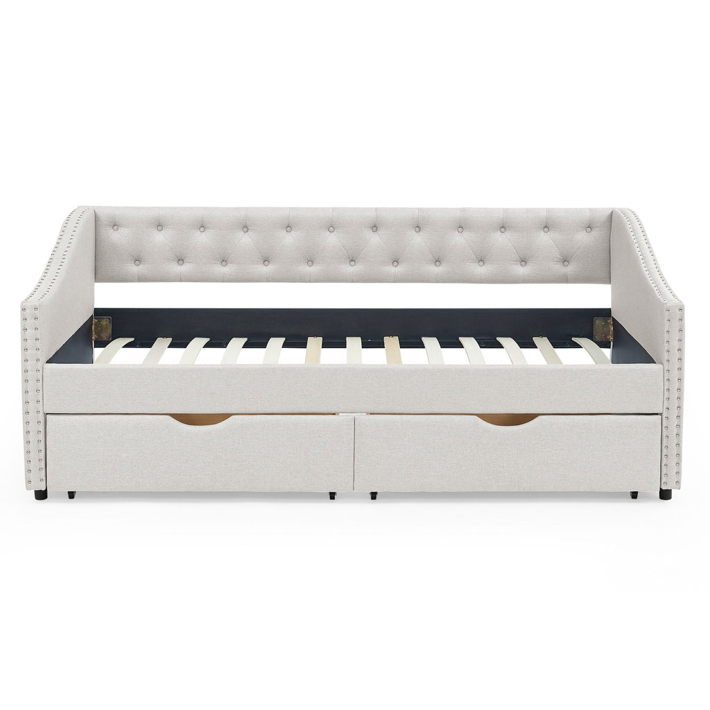 Upholstered Tufted Daybed With 2 Drawers, Waved Arms