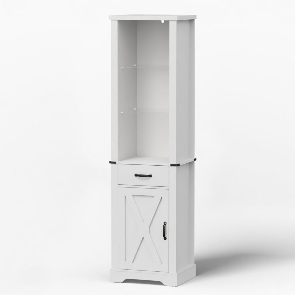 Pantry Cabinet With LED Lights And Barn Door With Tempered Glass Shelves - White