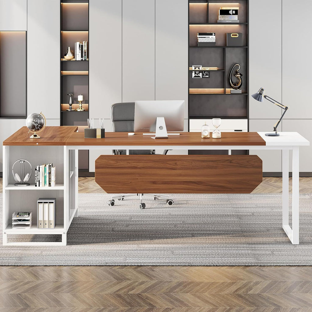 L-Shaped Executive Desk With File Cabinet, Large Workspace For Home Office - White / Walnut