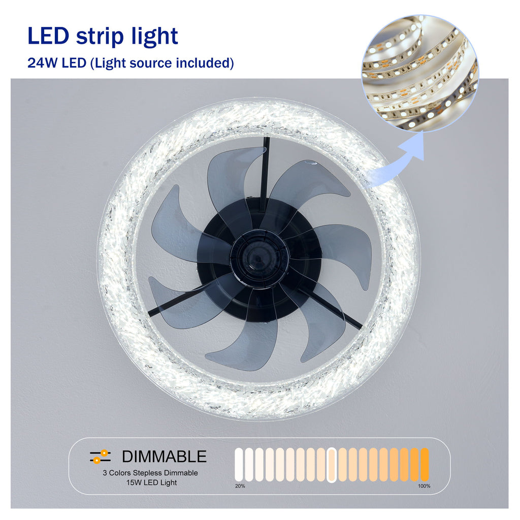 LED Light Source And Remote Control, 3000 - 6500K Dimmable Flush Mount LED Fan Light, 6 Speeds, Quiet DC Motor For Living Room - Matte Black