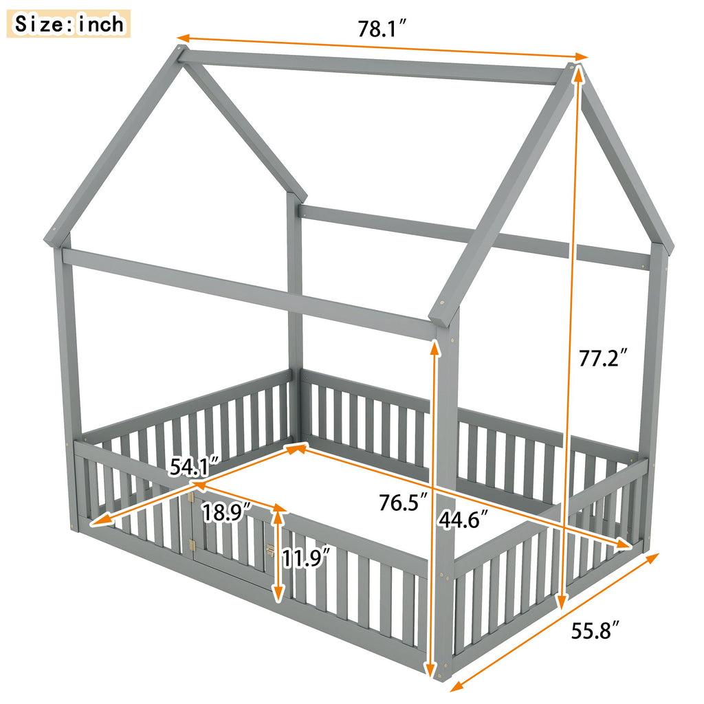 Wood House Bed With Fence And Door