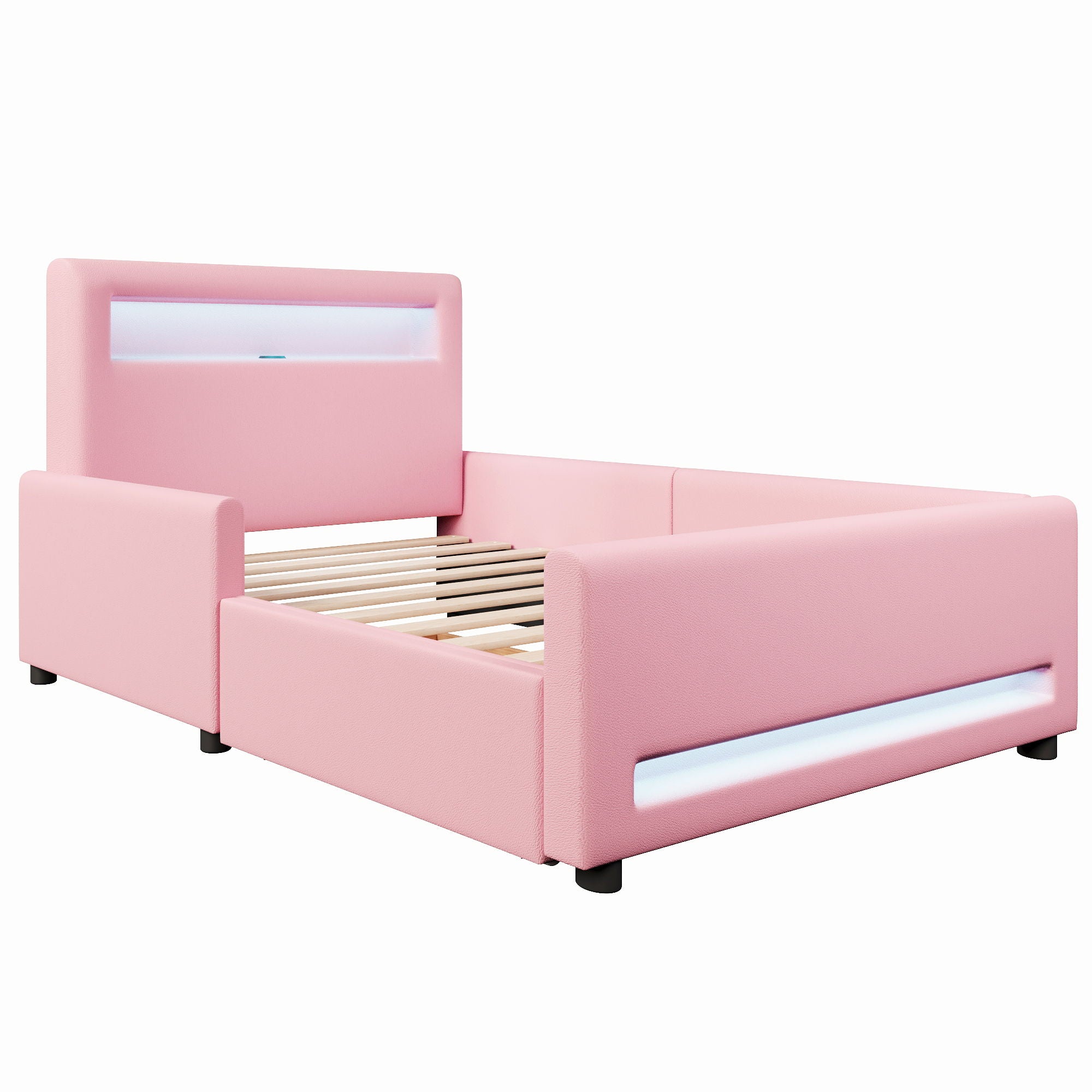 Upholstered Platform Bed With Drawer, LED Light Strip, USB Port