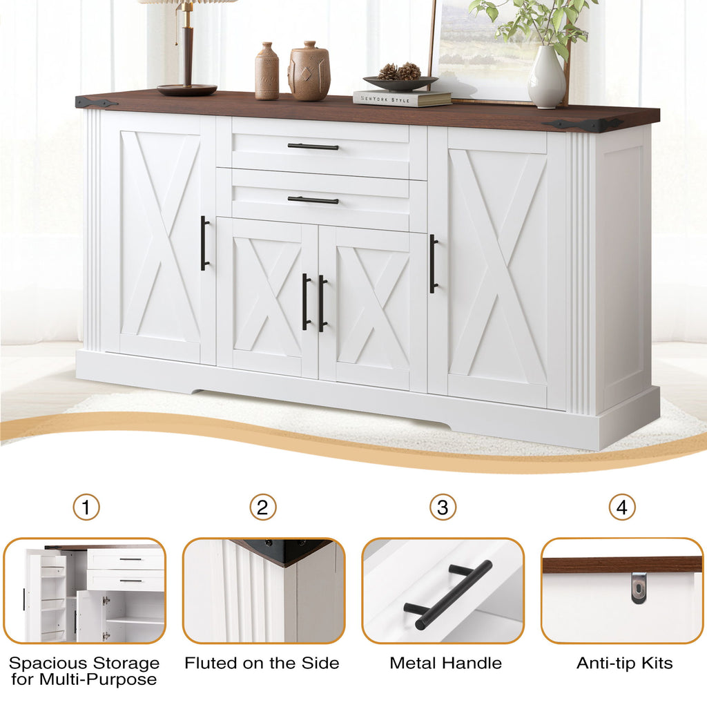 Barn Door Storage Cabinet With 2 Drawers & Door Rack, Adjustable Shelves