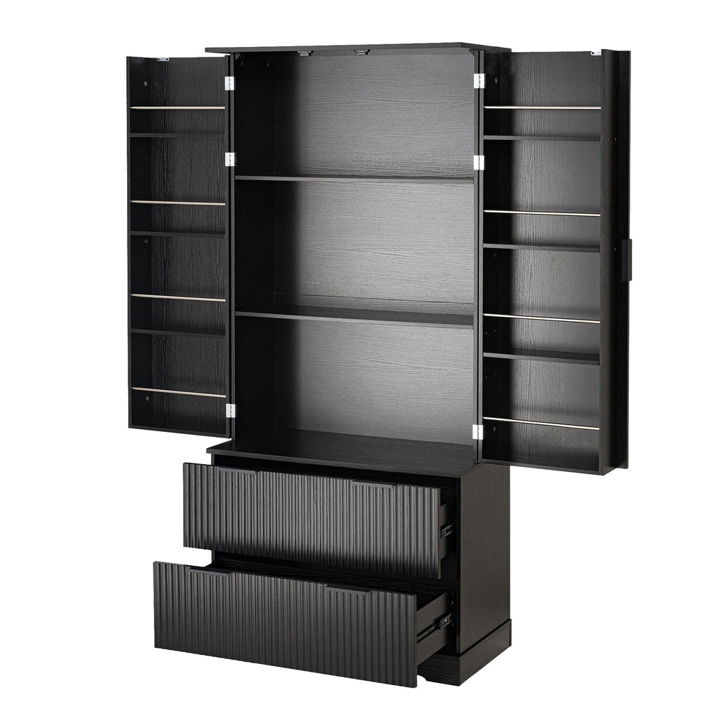 Fluted Kitchen Pantry Cabinet With 2 Large Drawers & 8 Door Spice Rack