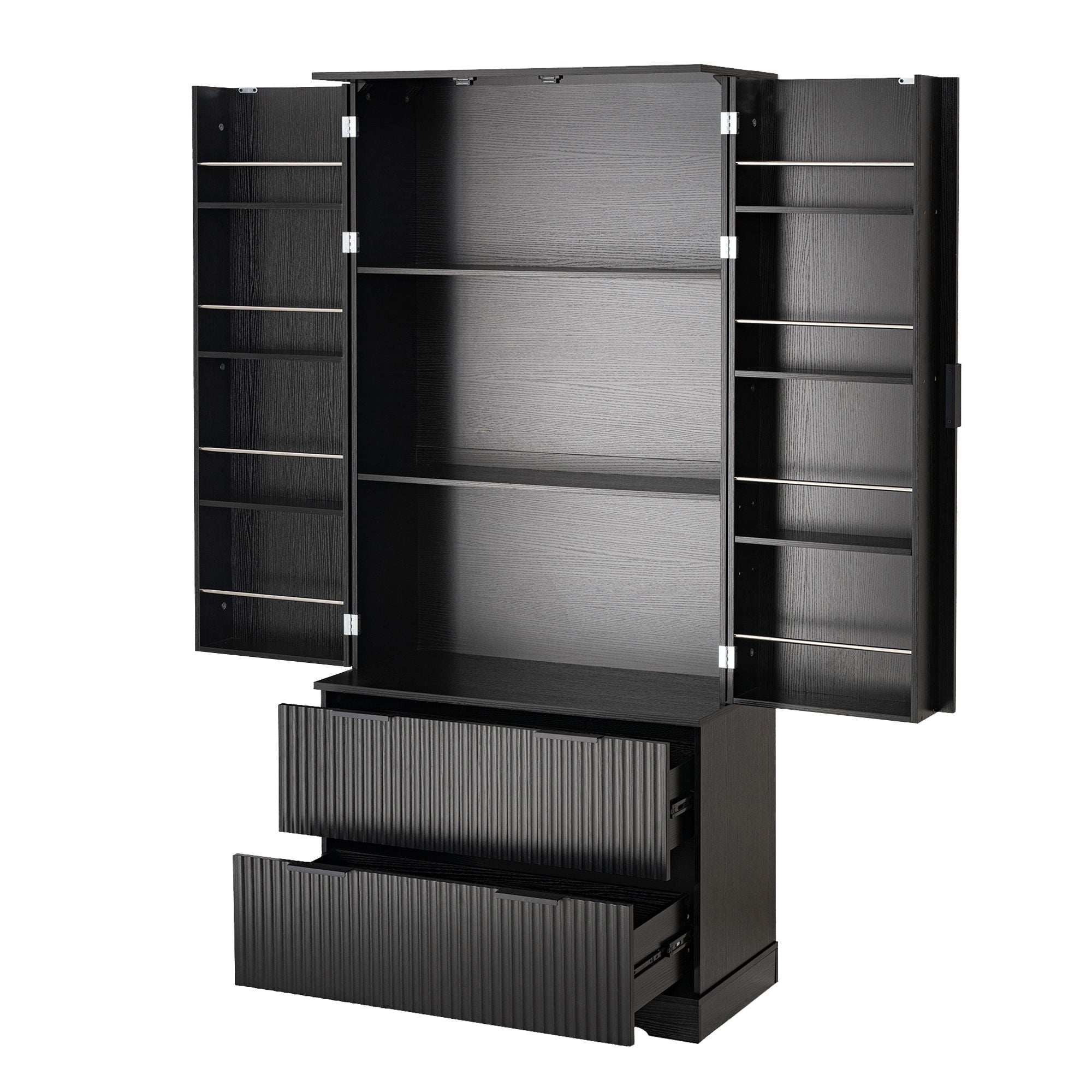 Fluted Kitchen Pantry Cabinet With 2 Large Drawers & 8 Door Spice Rack