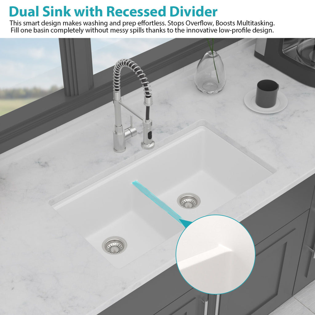 Quartz Kitchen Sink, Granite Composite Double Bowl, Undermount Workstation