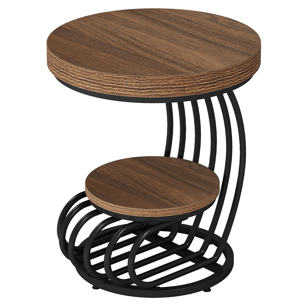 Round Vintage End Table With 2 Tier Storage