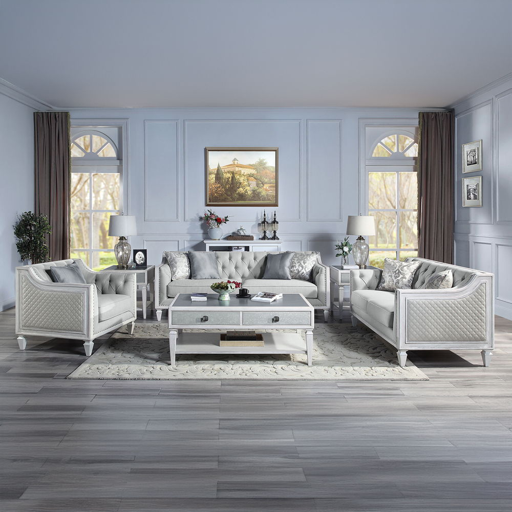 Katia - Chair With Pillow - Light Gray Linen & Weathered White
