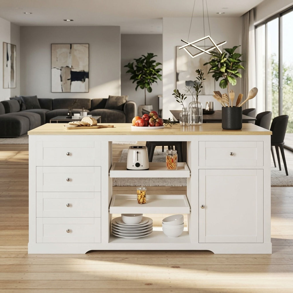 Drop Leaf Kitchen Island With Storage, Power Outlet & Pet Bowl Drawer - White / Light Oak