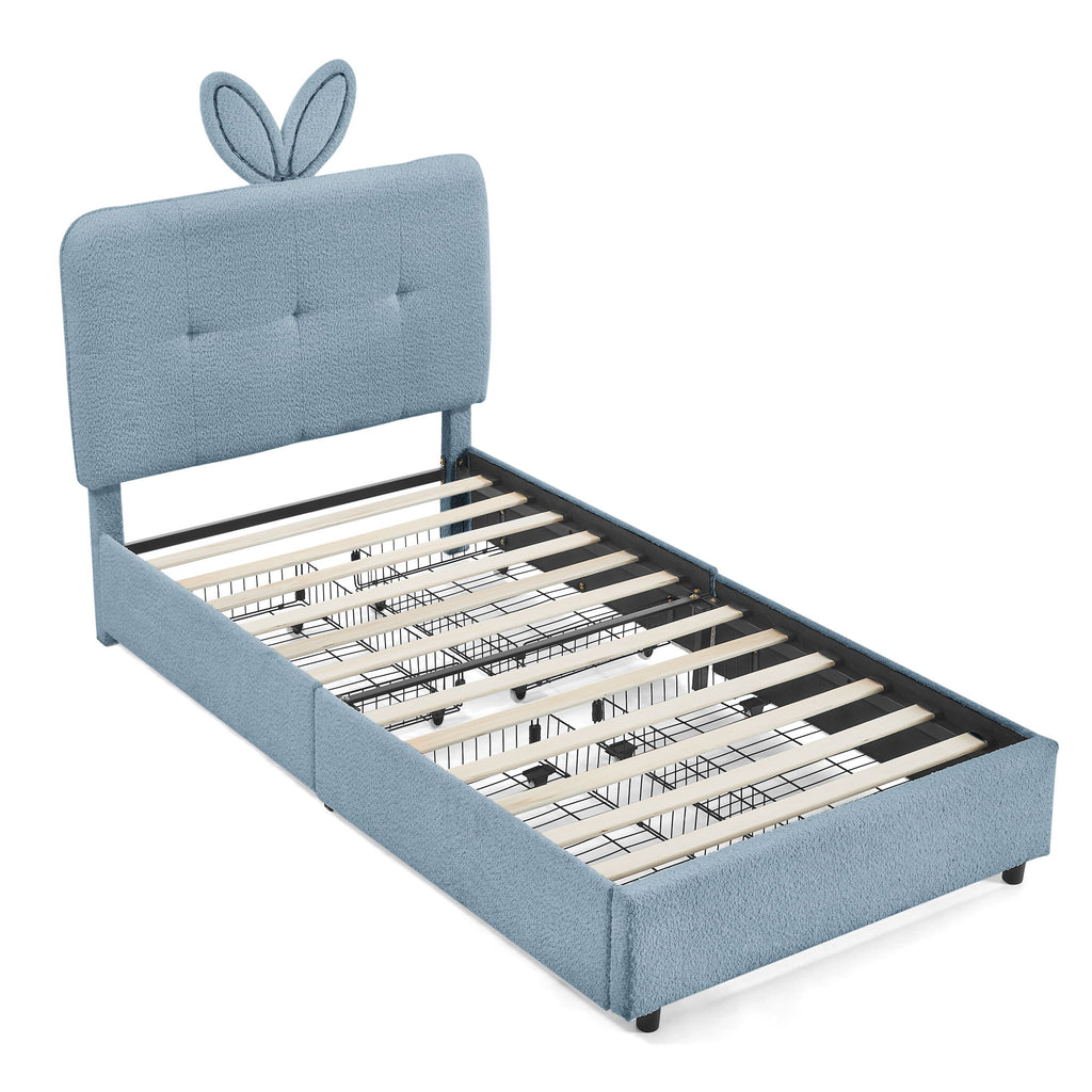 Upholstered Bed With Oversized Rabbit Ear Headboard, LED Lights & 4 Storage Drawers