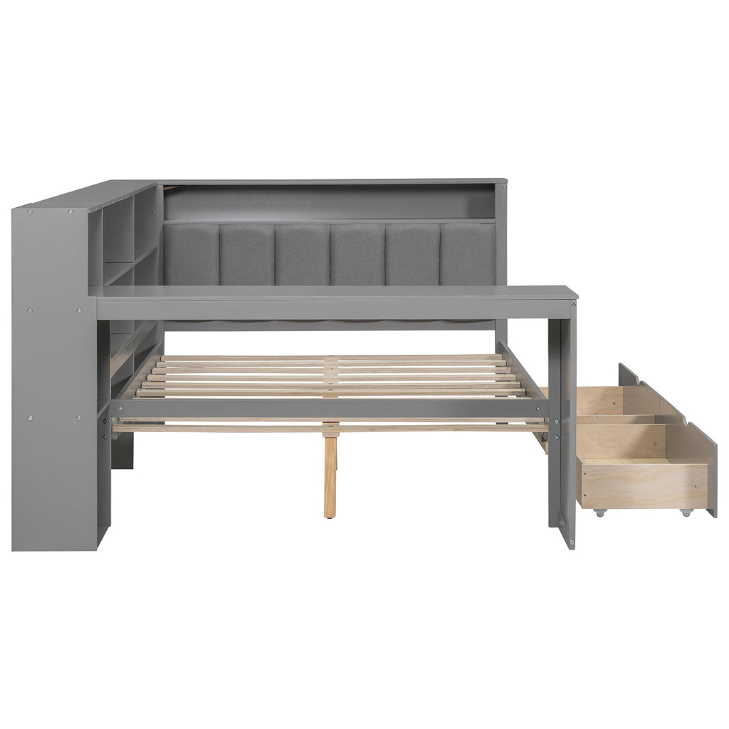 Platform Bed With Upholstered Headboard, Storage Shelves, Drawers, Charging Station, LED Lighting, Built In Desk