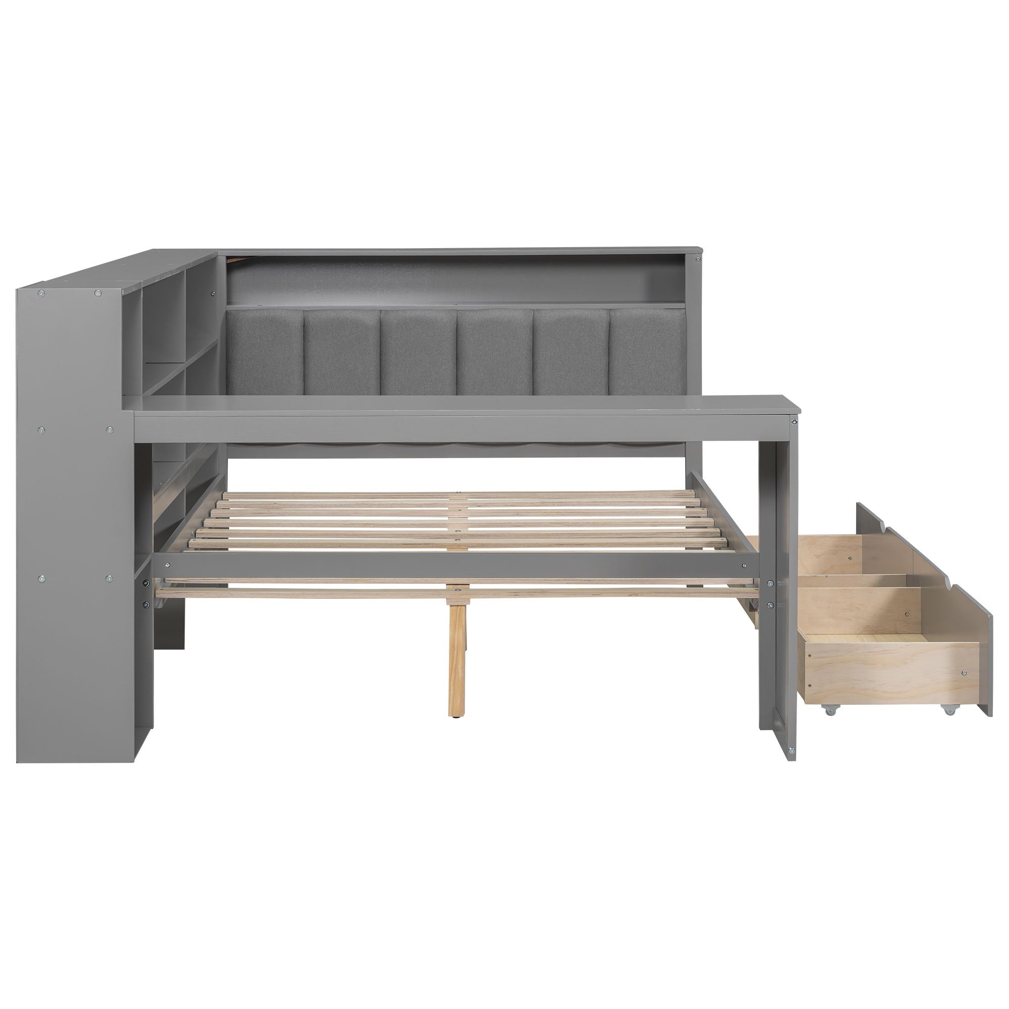Platform Bed With Upholstered Headboard, Storage Shelves, Drawers, Charging Station, LED Lighting, Built In Desk
