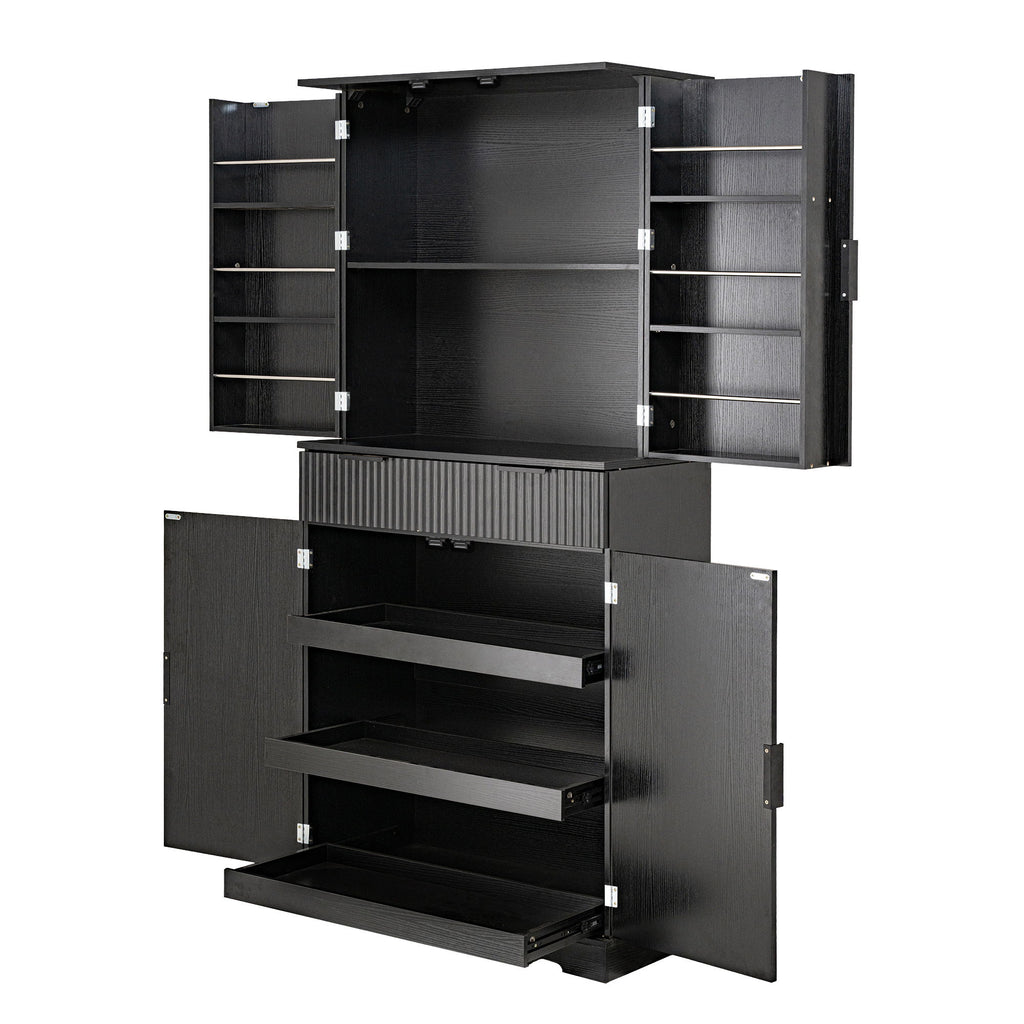 Fluted Kitchen Pantry Cabinet With 3 Keyboard Drawers & 6 Door Shelves Adjustable