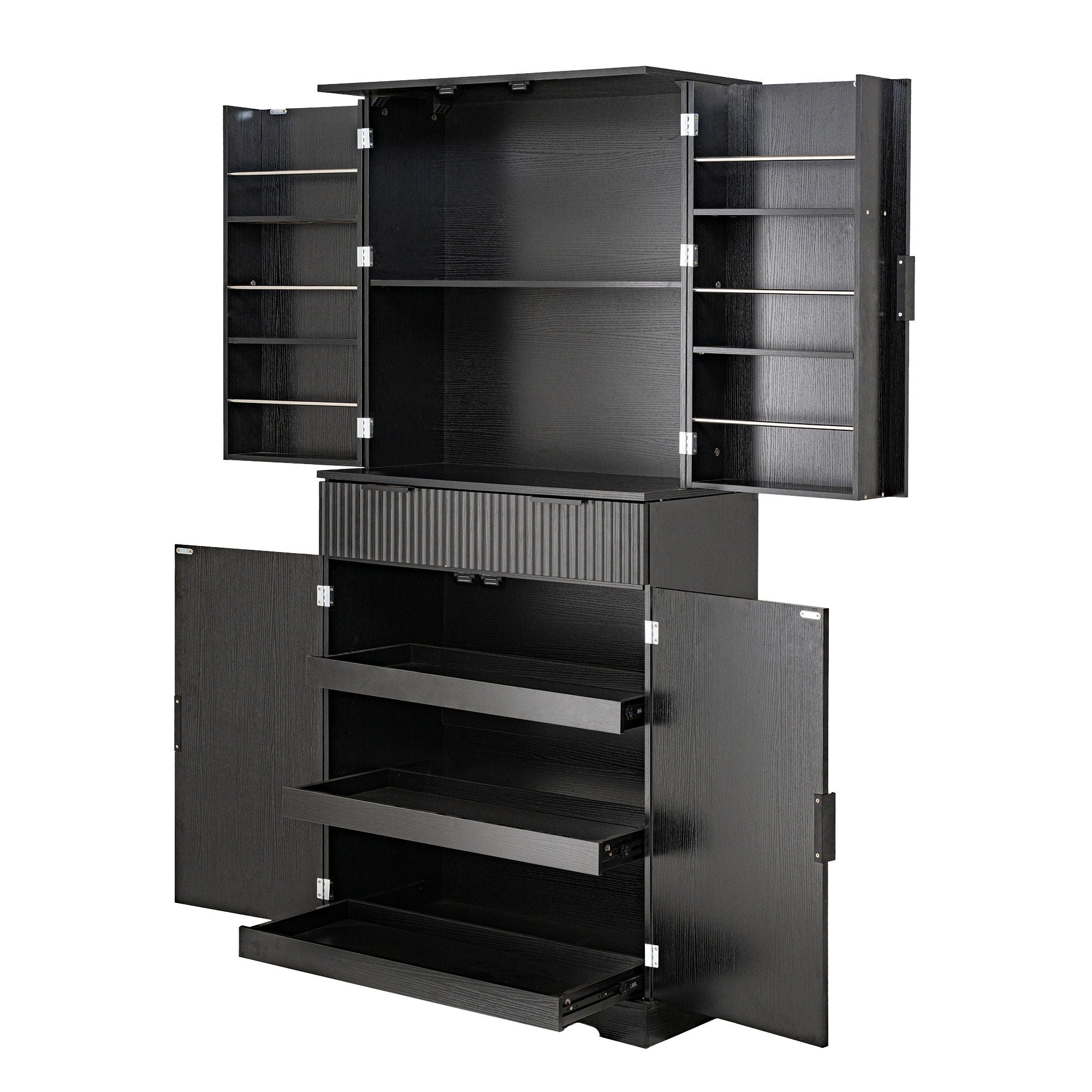 Fluted Kitchen Pantry Cabinet With 3 Keyboard Drawers & 6 Door Shelves Adjustable