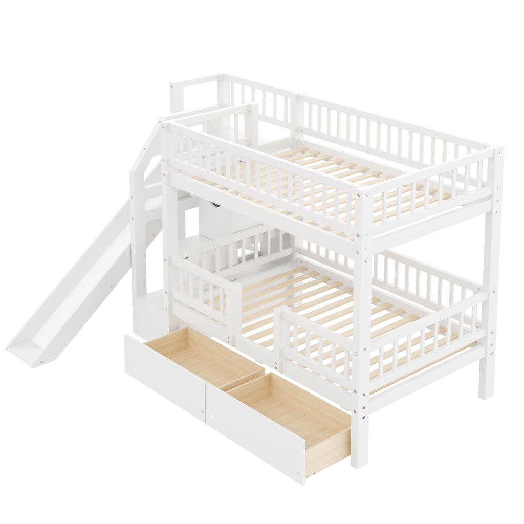 Bunk Bed With Storage Staircase, Slide And 2 Drawers