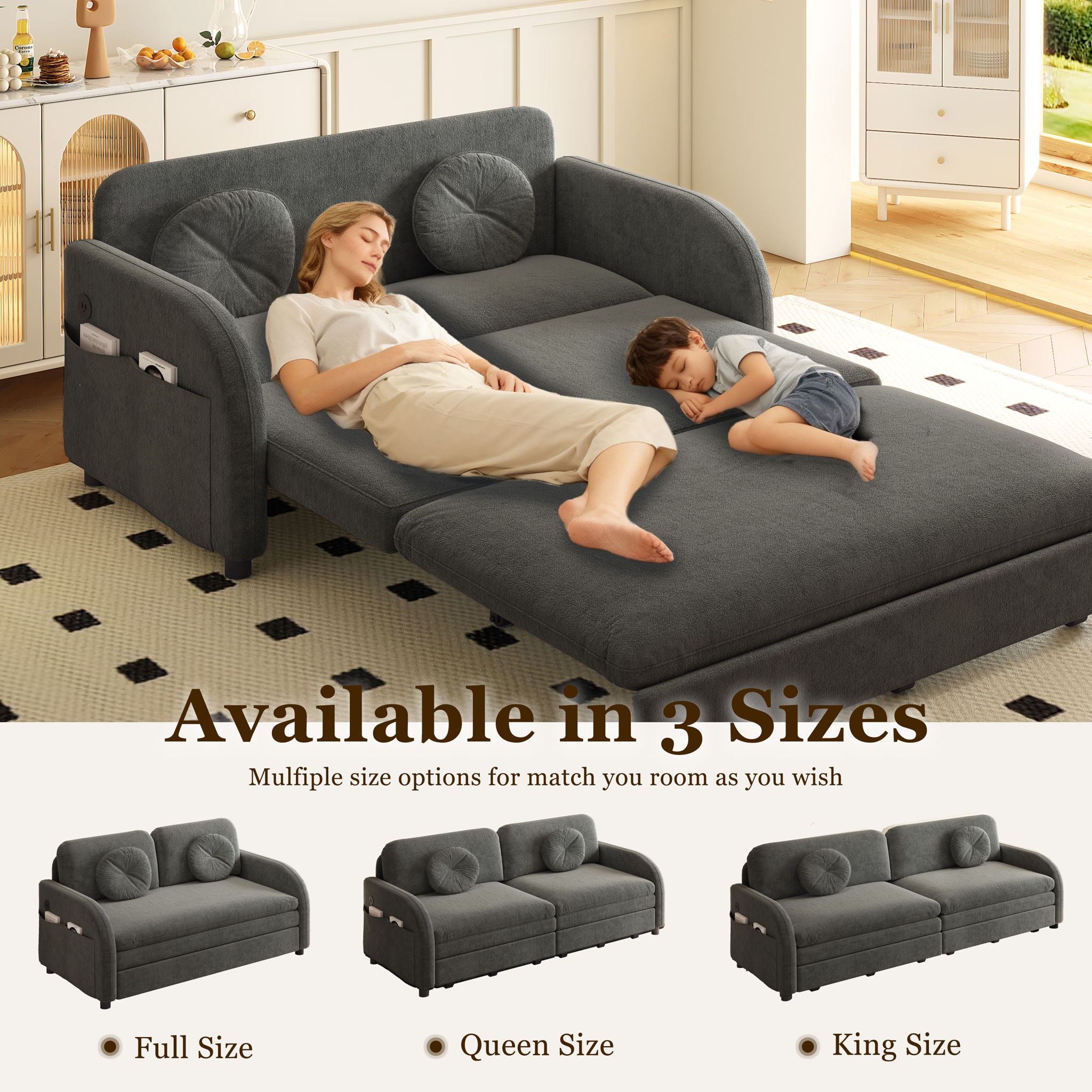 Upholstered Pull Out Couch With Side Pocket & USB Port
