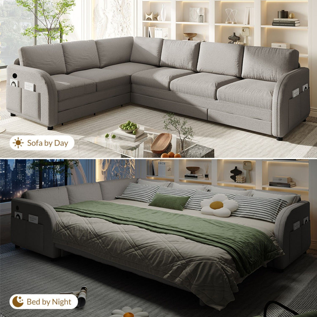 L-Shaped Couch With Pull-Out Bed, Convertible Sleeper Sofa With Side Pocket & USB Port