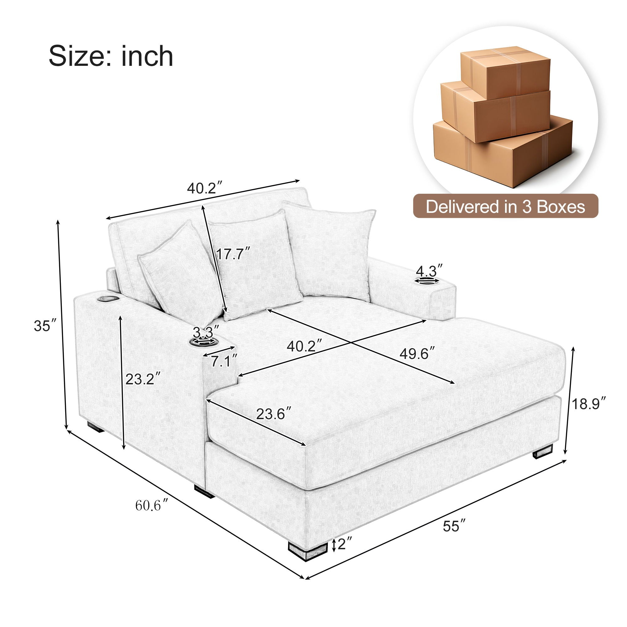 Oversized Chaise Lounger Modern Style Sofa Couch, With Pillows, Charge Station & Cup Holders
