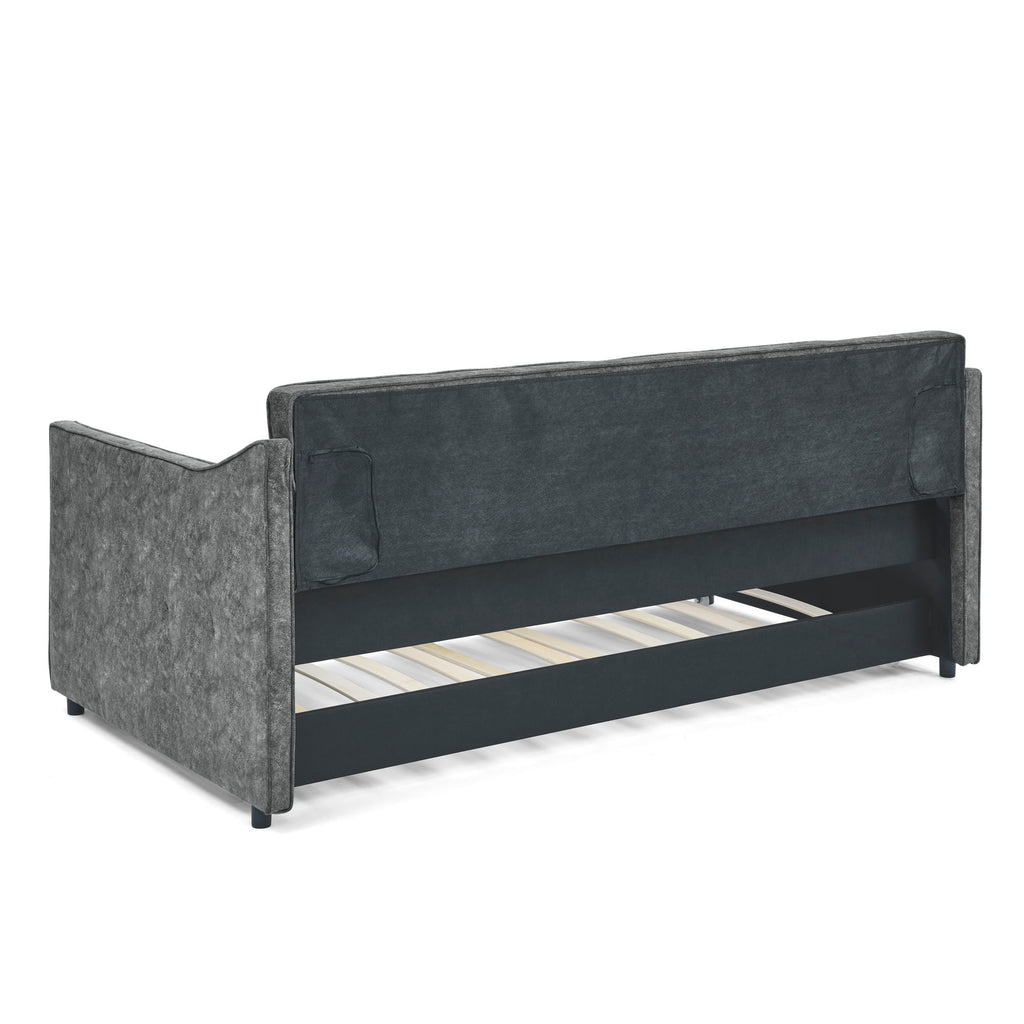 Twin Upholstered Daybed With Trundle, Waved Arms - Gray