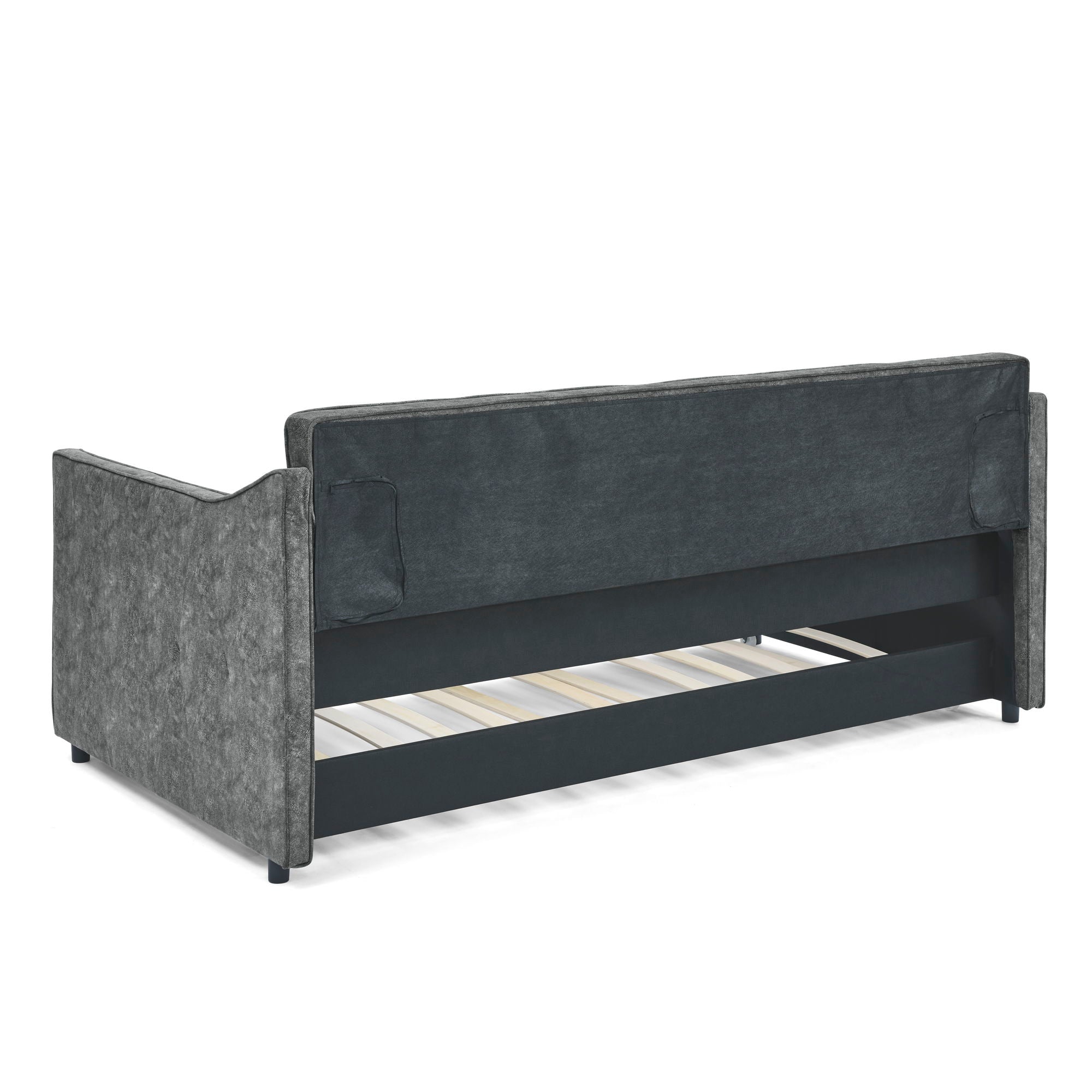 Twin Upholstered Daybed With Trundle, Waved Arms - Gray