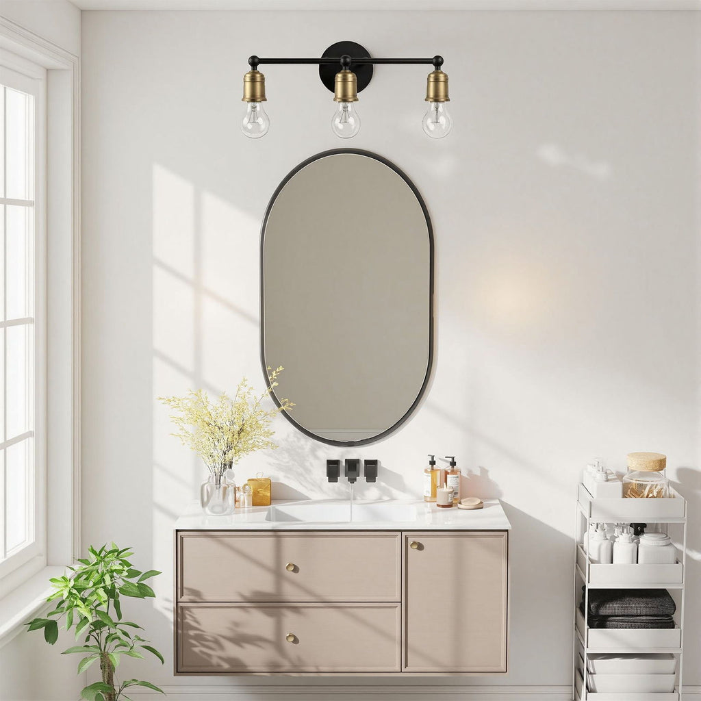 3 Light Wall Sconce, Vanity Light, No Bulbs Included - Black / Gold